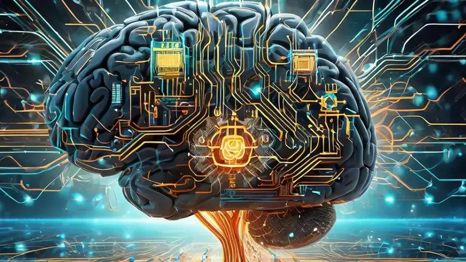 representação de um cérebro humano com circuitos eletrônicos simbolizando a tecnologia da IA dominando cada vez mais espaço em nossa existencia