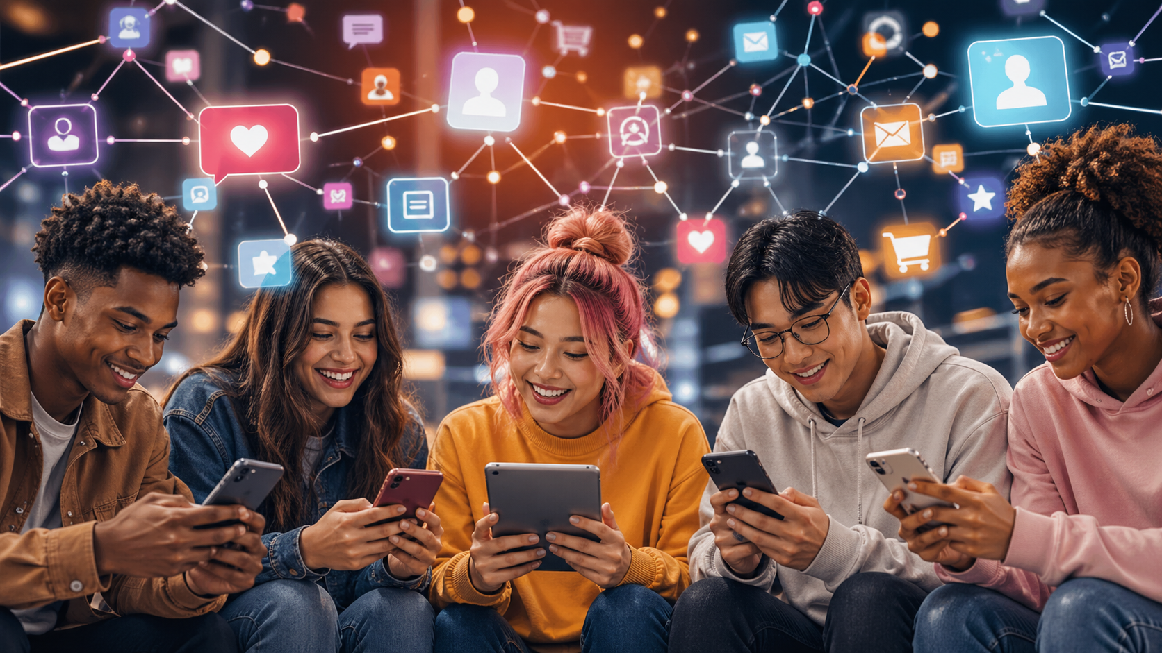 Jovens da geração Z conectados por smartphones representam marcas humanas, autenticidade digital e novas relações de consumo