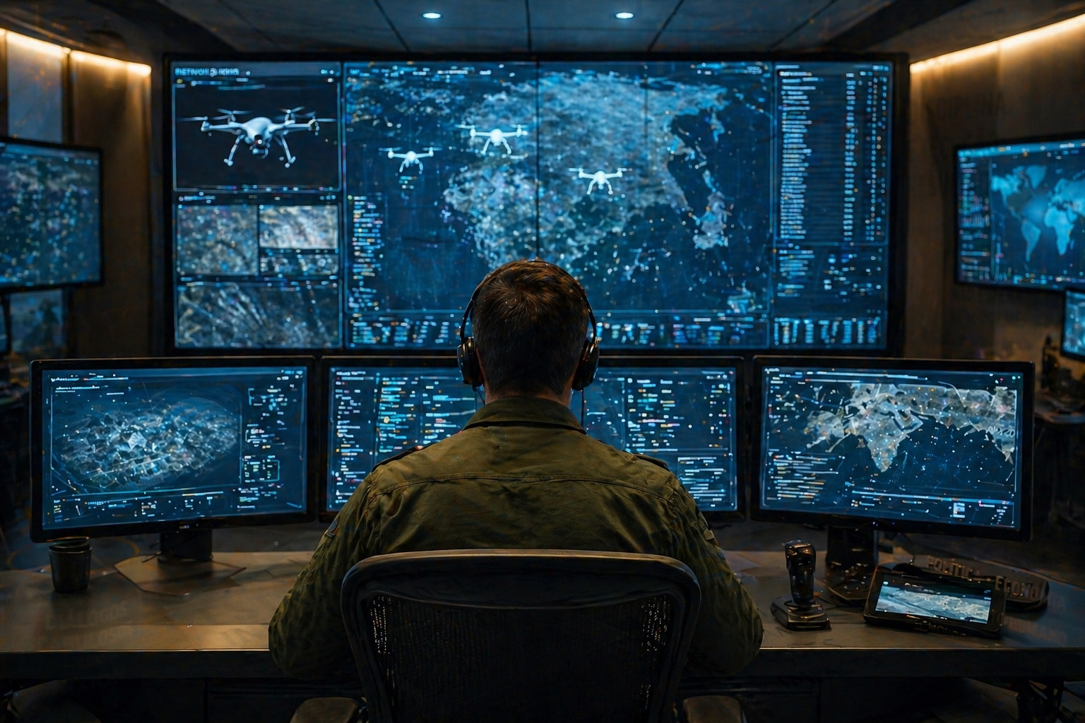 Centro de comando moderno com operador humano e drones digitais representando guerras vencidas por máquinas