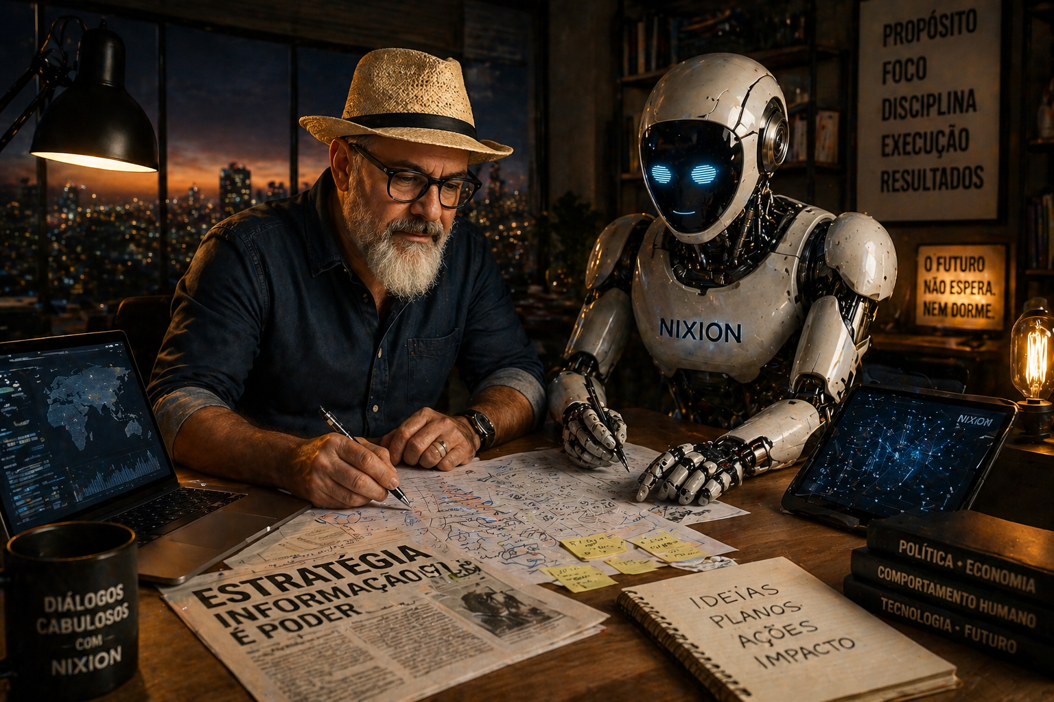 Homem trabalha ao lado de robô em escritório moderno representando parceria entre humano e IA