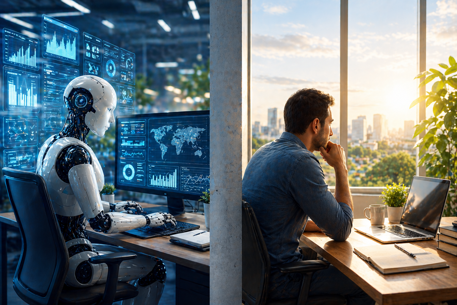 Robô em escritório digital ao lado de profissional humano refletindo sobre futuro do trabalho e impacto da inteligência artificial