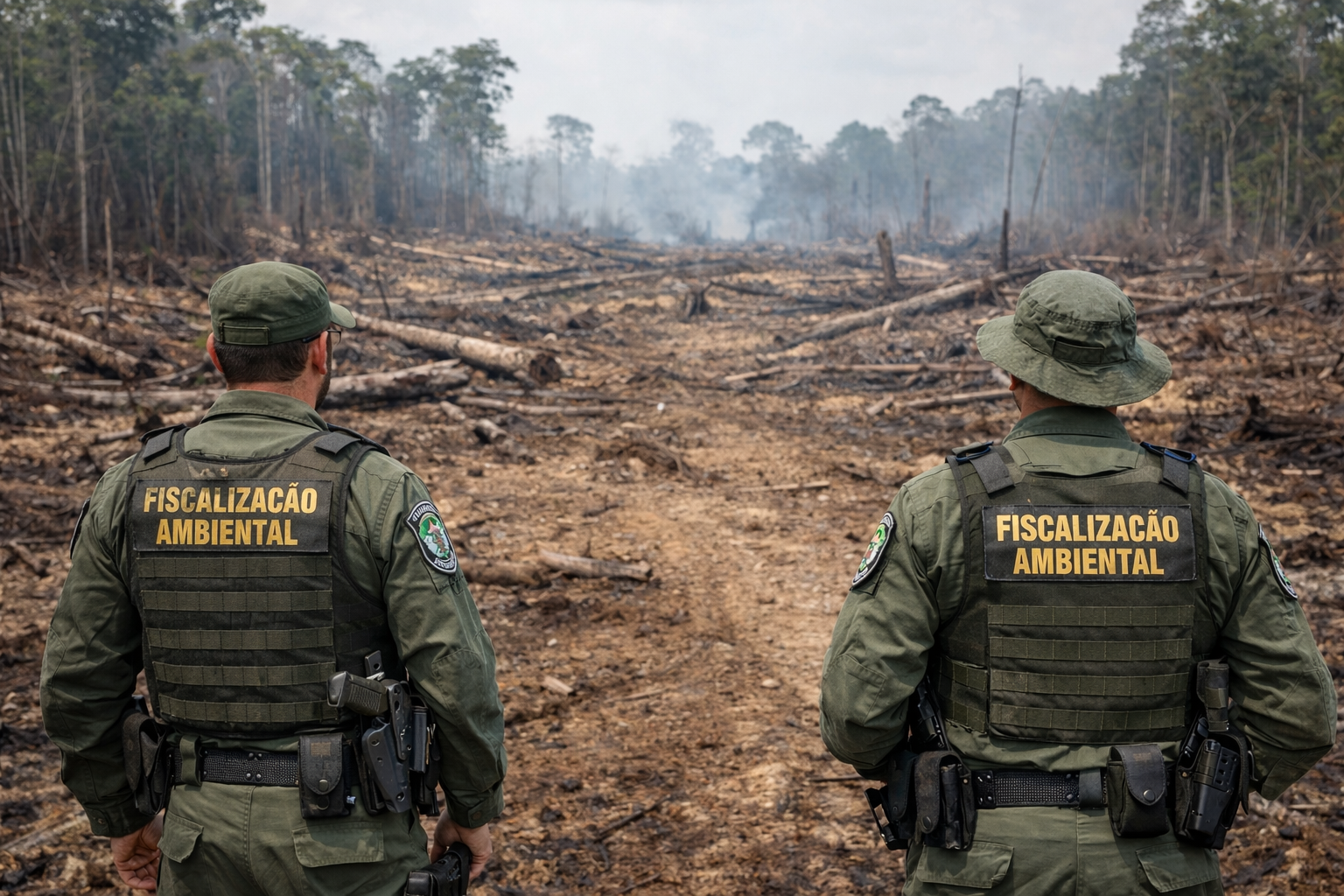 Fiscais ambientais observam área desmatada durante operação em região de risco