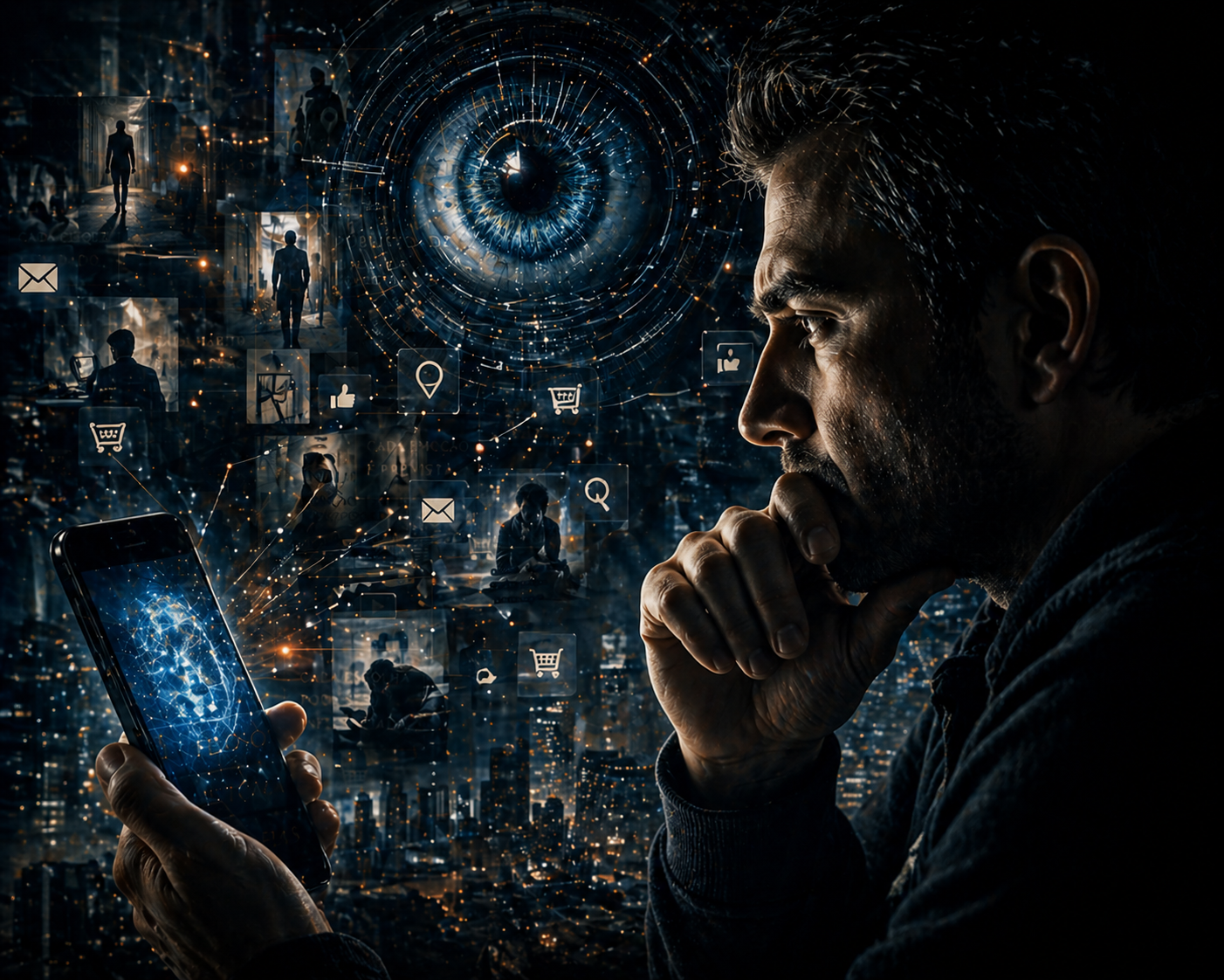 Homem observa celular enquanto inteligência artificial monitora comportamento e dados digitais