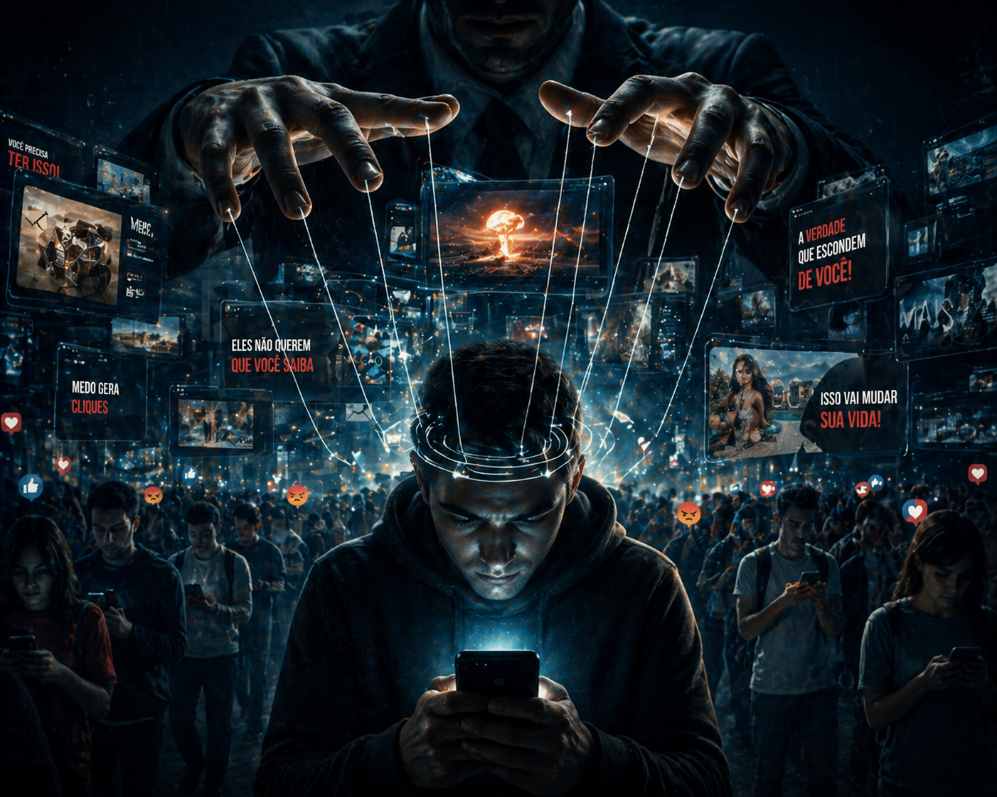 Pessoa olhando celular enquanto mãos controlam informações digitais e algoritmos influenciam pensamentos