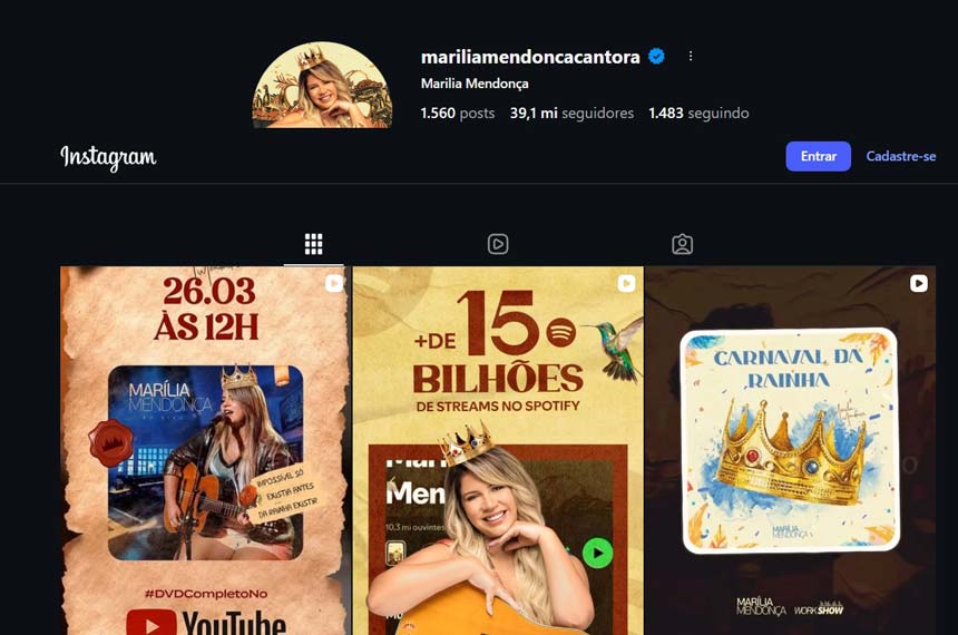 O caso da cantora Marília Mendonça é ilustrativo da dimensão que o patrimônio digital pós-morte pode ter. Ela morreu em 2021, e seu perfil no Instagram passou a ser administrado pela família, que o mantém atualizado com vídeos e fotos da artista. Marília Mendonça tem hoje nada menos que 39 milhões de seguidores. Como comparação, a também cantora Ivete Sangalo contabiliza 37 milhões.