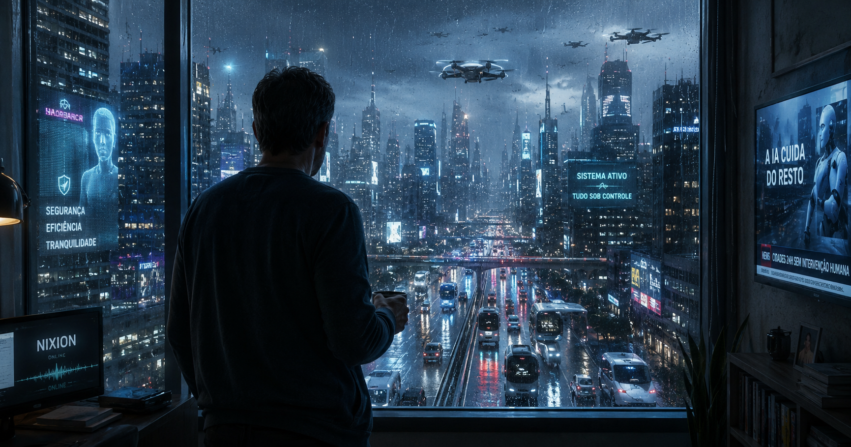 Em uma sociedade dominada por inteligências artificiais, Nixion conversa com um ex-jornalista desempregado sobre o dia em que o ser humano se tornou opcional.