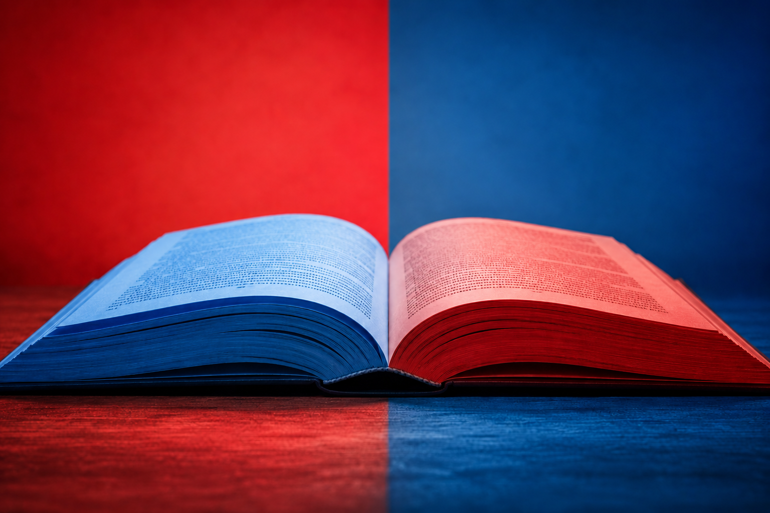 Livro aberto dividido entre tons azul e vermelho simbolizando a polarização cultural e ideológica no debate contemporâneo.