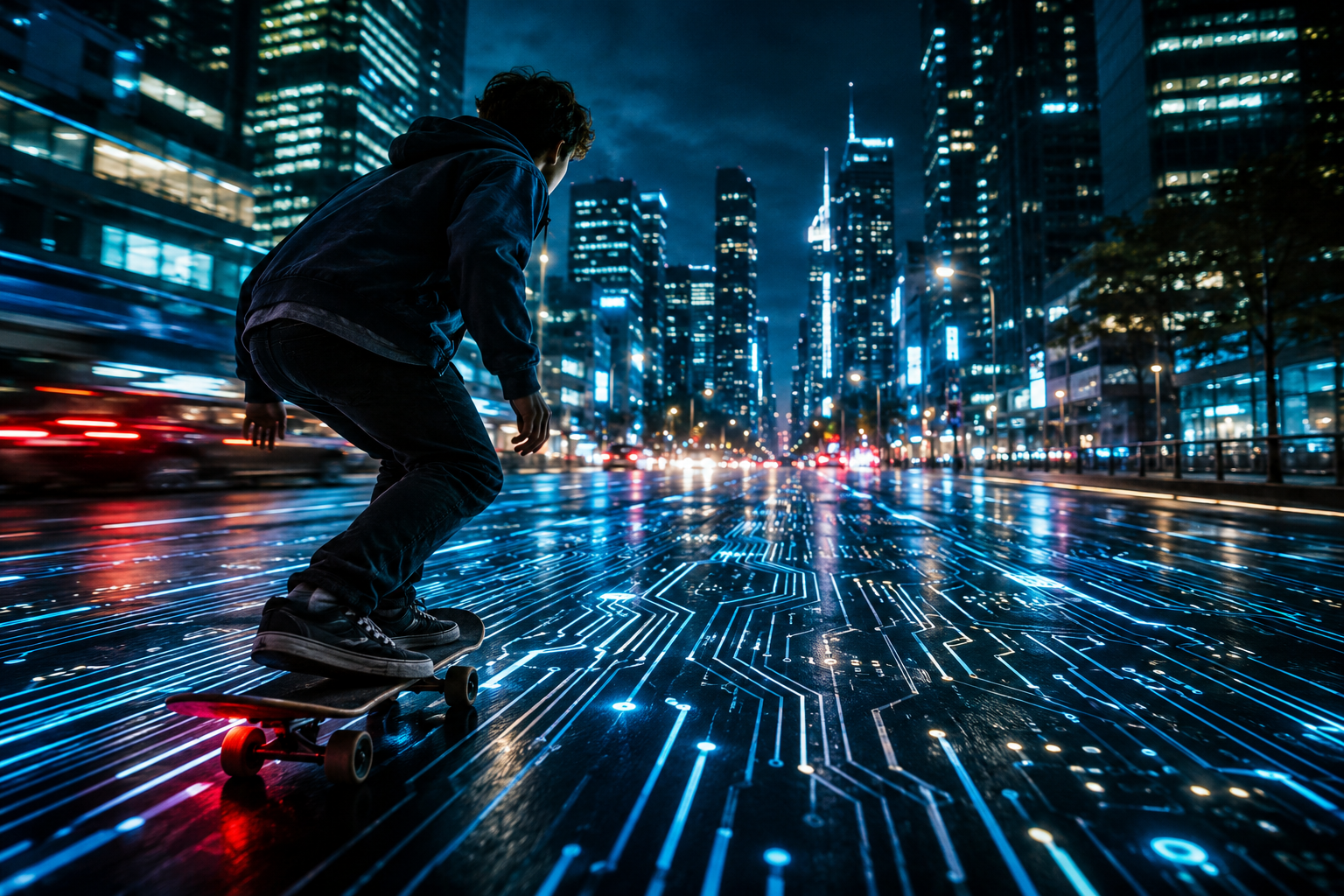 Adolescente andando de skate por cidade futurista sobre uma rua em formato de circuito eletrônico