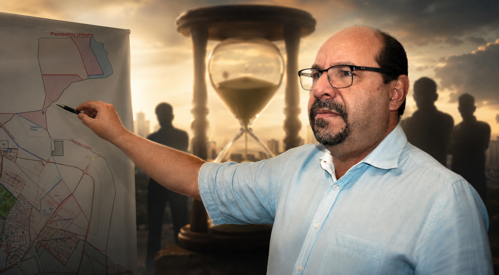Prefeito Guilherme Guimarães diante de mapa urbano com ampulheta e figuras ao fundo simbolizando tempo e desafios políticos