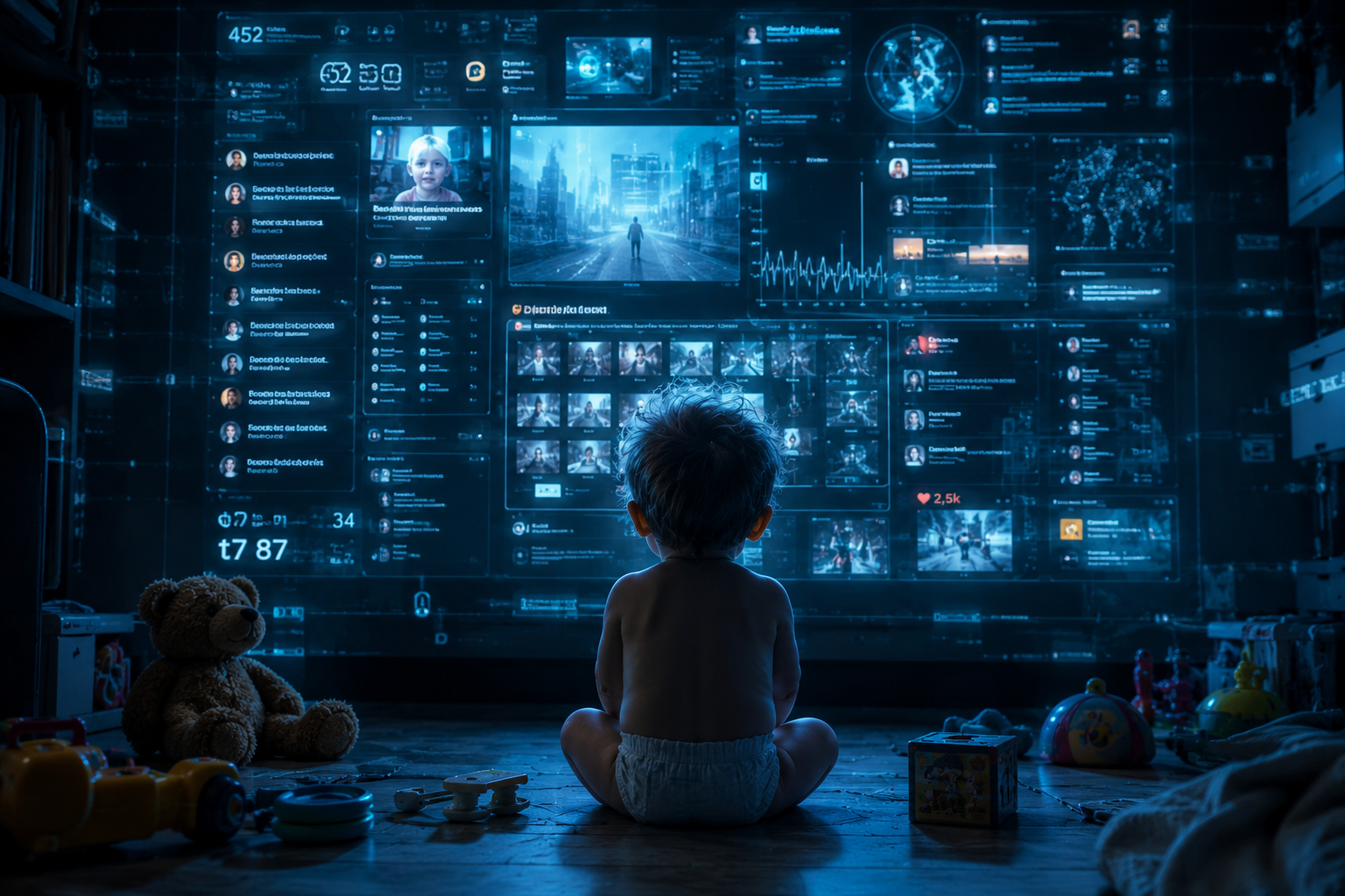 Criança de fraldas observa uma gigantesca tela tecnológica enquanto brinquedos estão espalhados ao redor, simbolizando a infância monitorada por algoritmos.