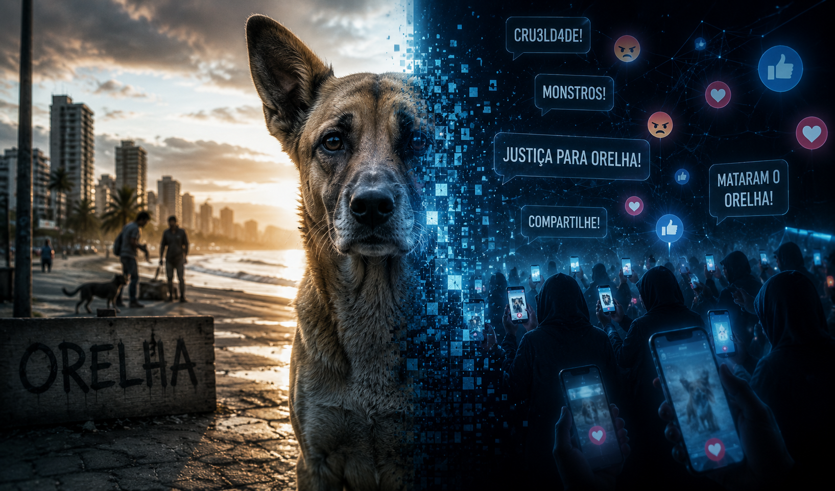 Houve denúncia de que o animal, que vivia nas ruas de uma de uma cidade praiana em Santa Catarina, fora morto debaixo de tortura atroz. Abriu-se inquérito, jogaram jovens na fogueira da internet como culpados, e agora a afirmação é de que o Orelha morreu de maneira natural, doente.