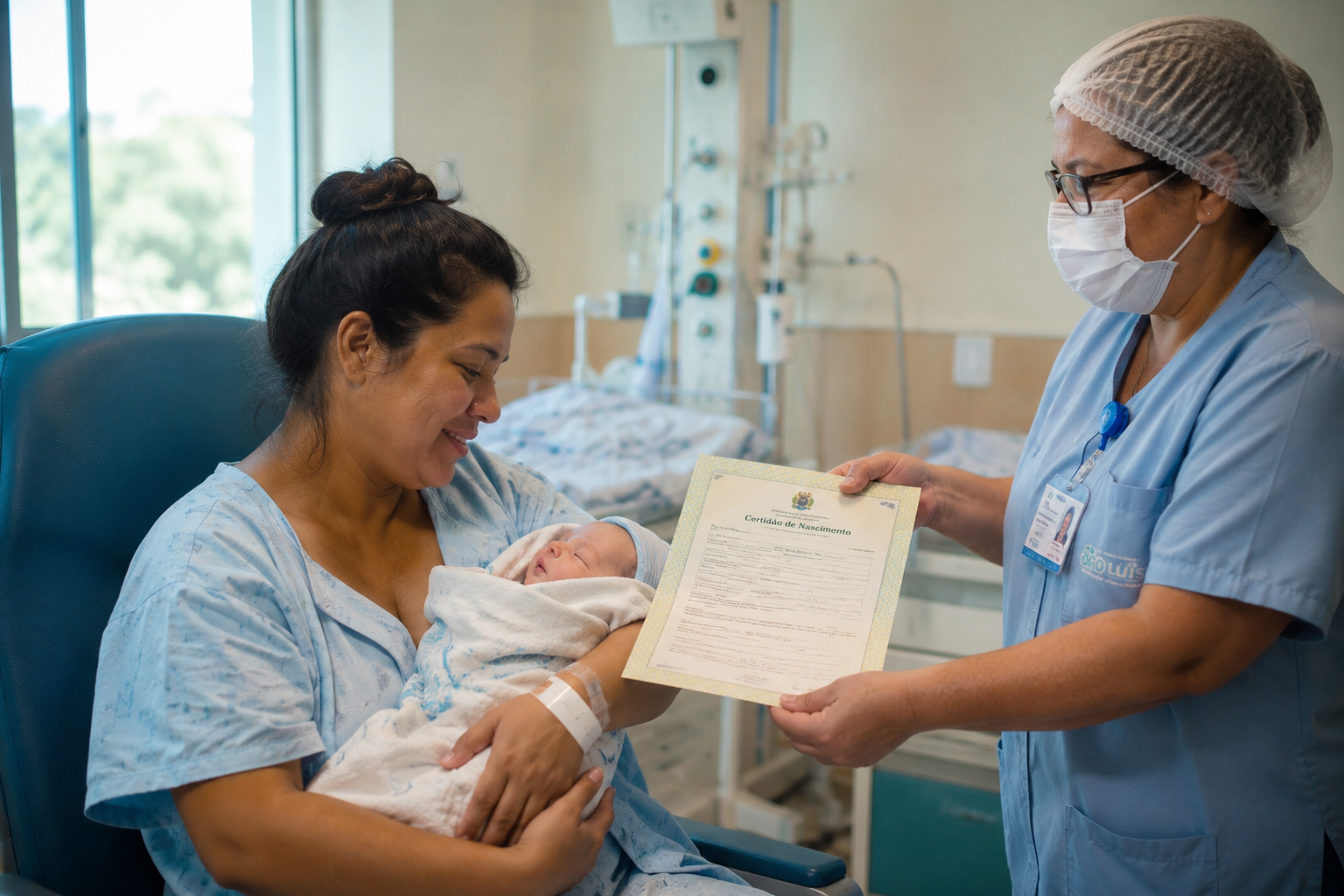 Mãe recebe certidão de nascimento do bebê ainda na maternidade em hospital brasileiro.