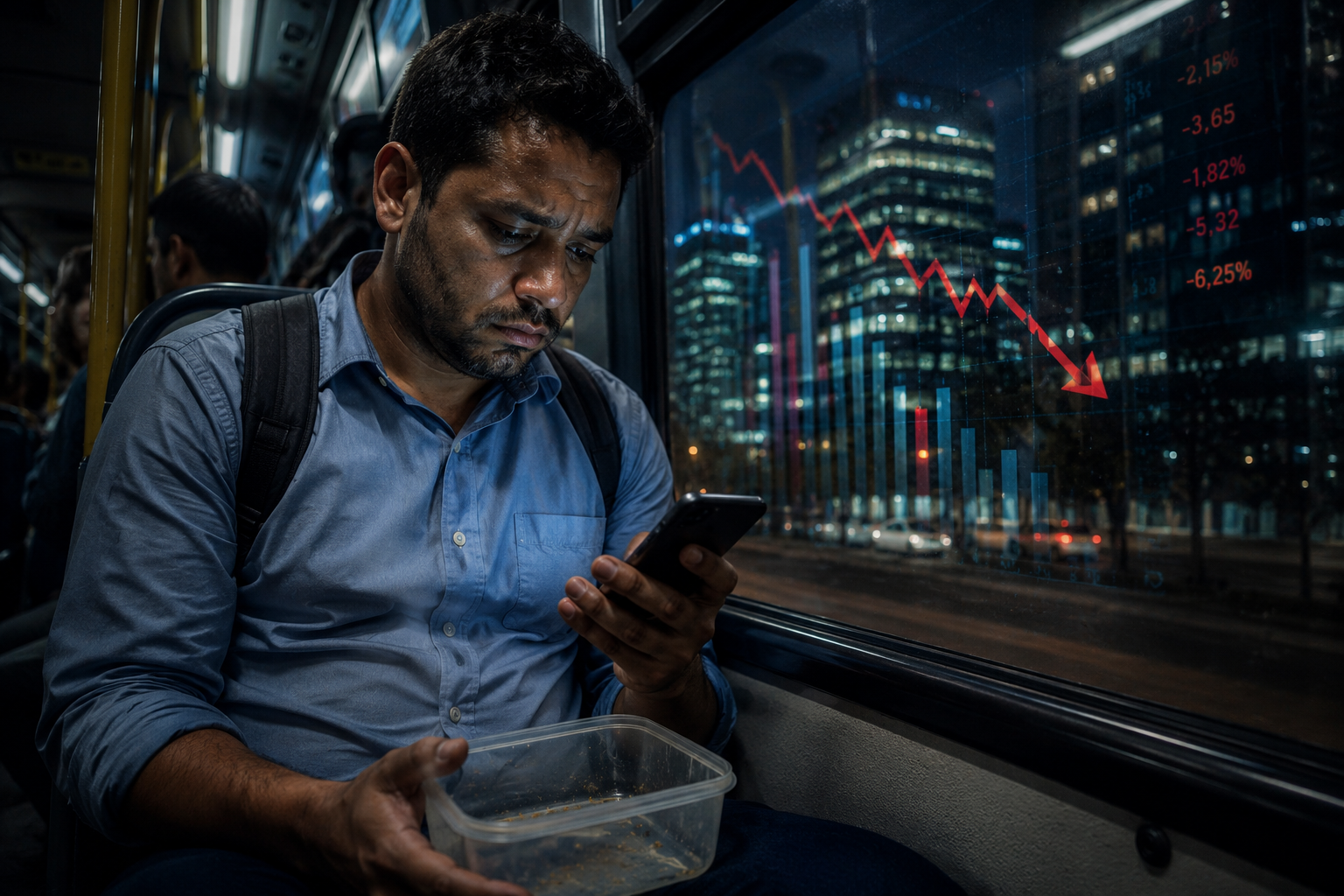 Trabalhador cansado dentro de ônibus urbano após jornada de trabalho, simbolizando debate sobre escala 6x1 e custo de vida no Brasil.