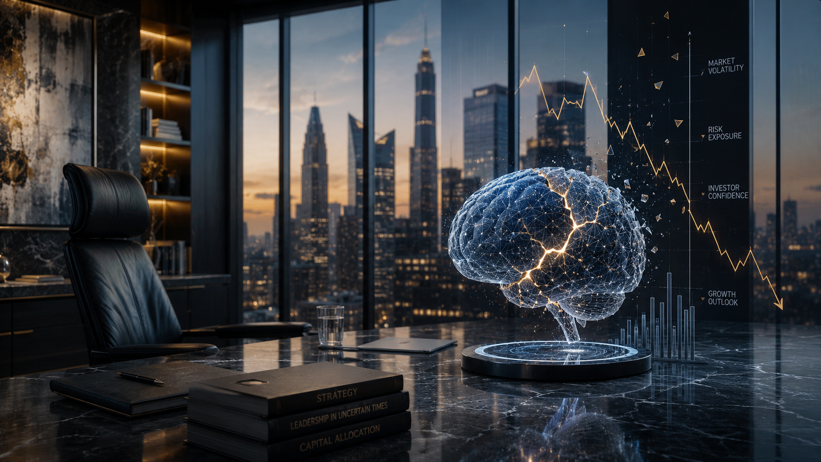Ilustração conceitual de um escritório executivo com holograma de inteligência artificial fraturado, simbolizando o risco de crise econômica global.