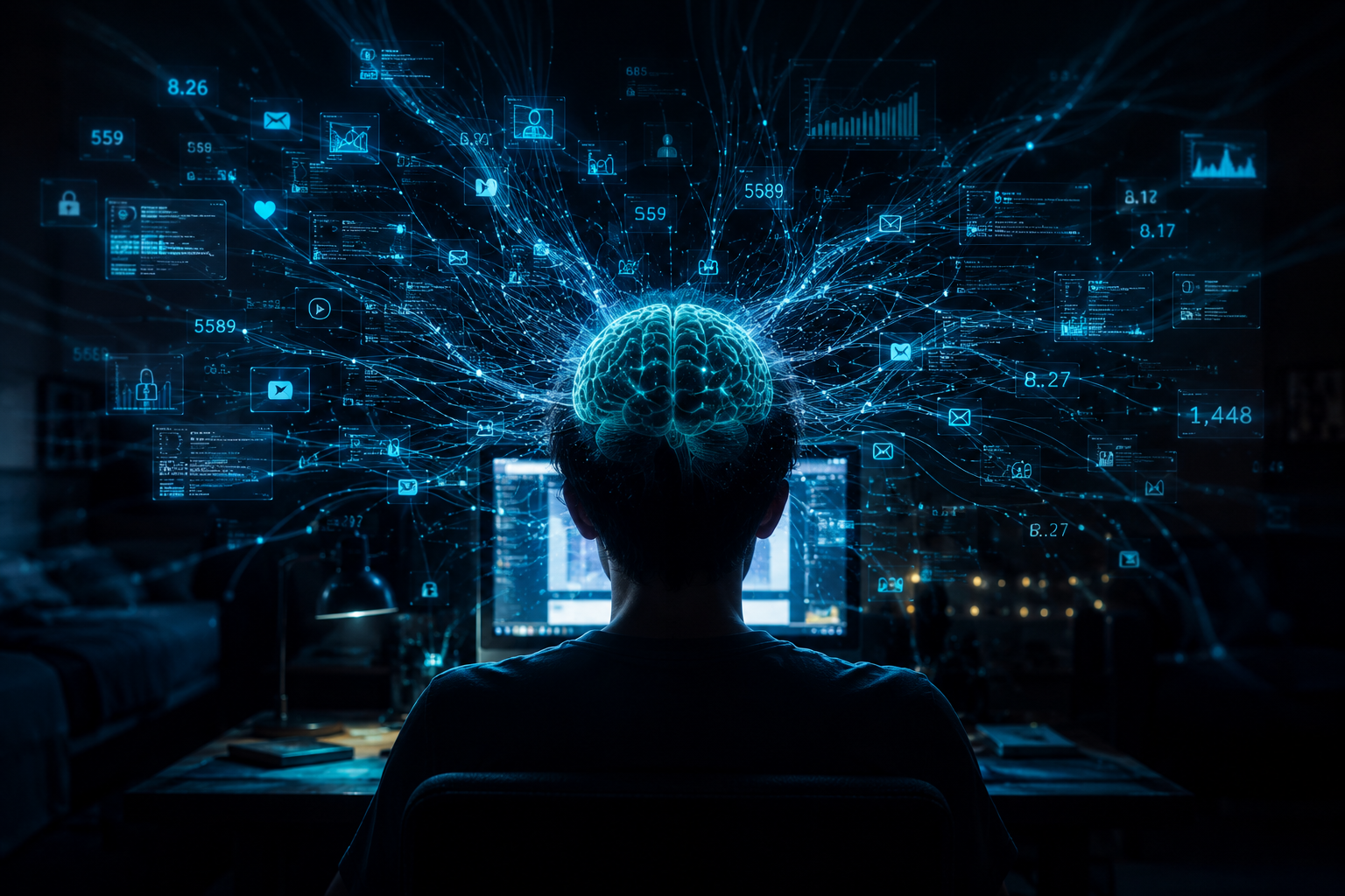 Pessoa observada por fluxos de dados digitais enquanto inteligência artificial analisa comportamentos e influencia decisões de consumo.