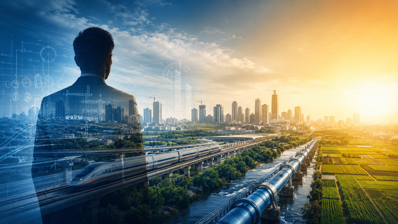 Ilustração conceitual em tons de azul e laranja mostrando a silhueta de um líder observando o planejamento urbano, ferrovias e o futuro de Montes Claros.
