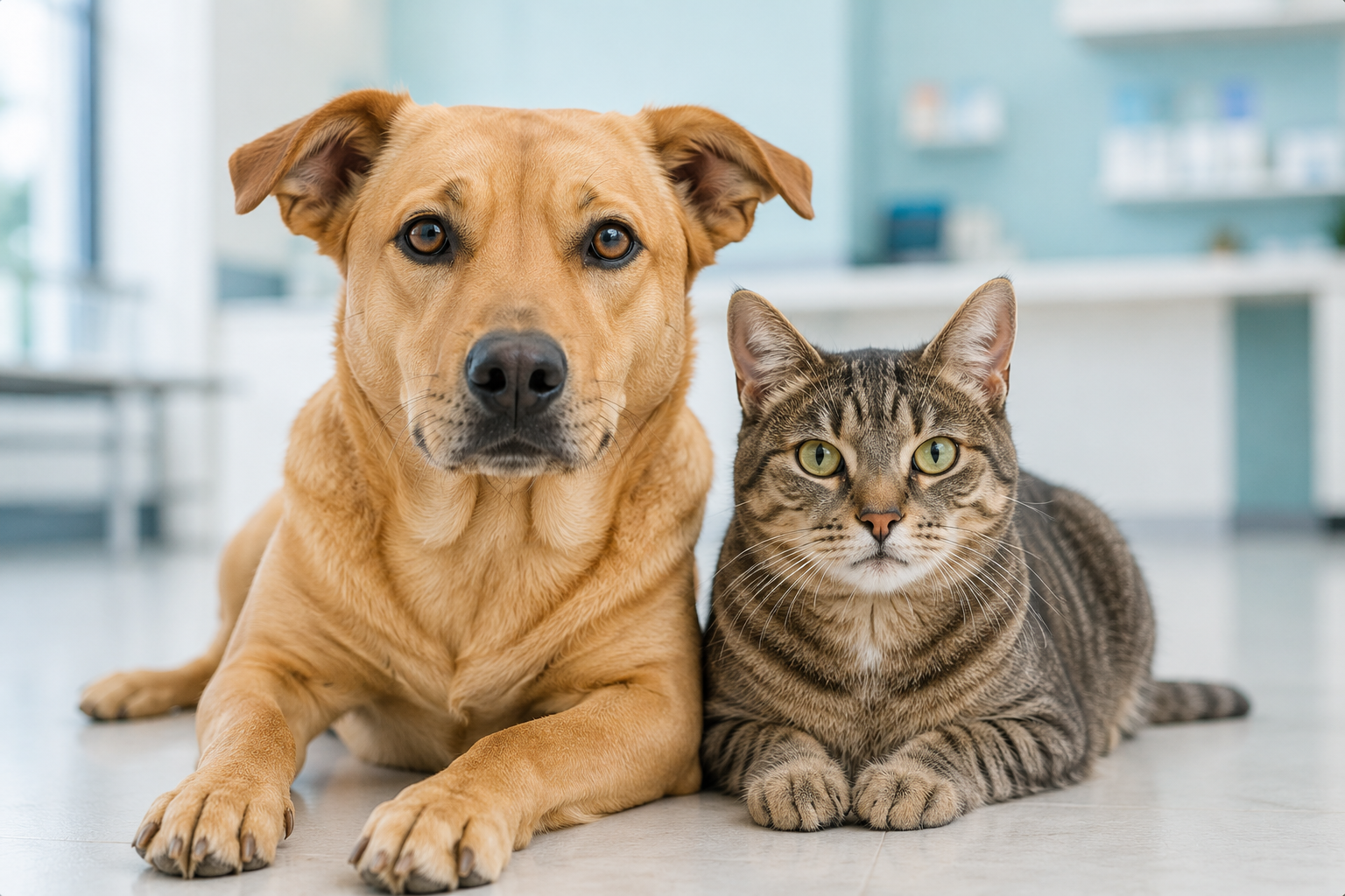 Cão e gato sentados juntos em ambiente clínico limpo, ilustrando o programa de proteção animal.