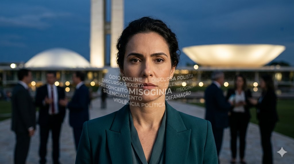Mulher em destaque diante de ambiente institucional simbolizando o combate à misoginia e à discriminação de gênero.