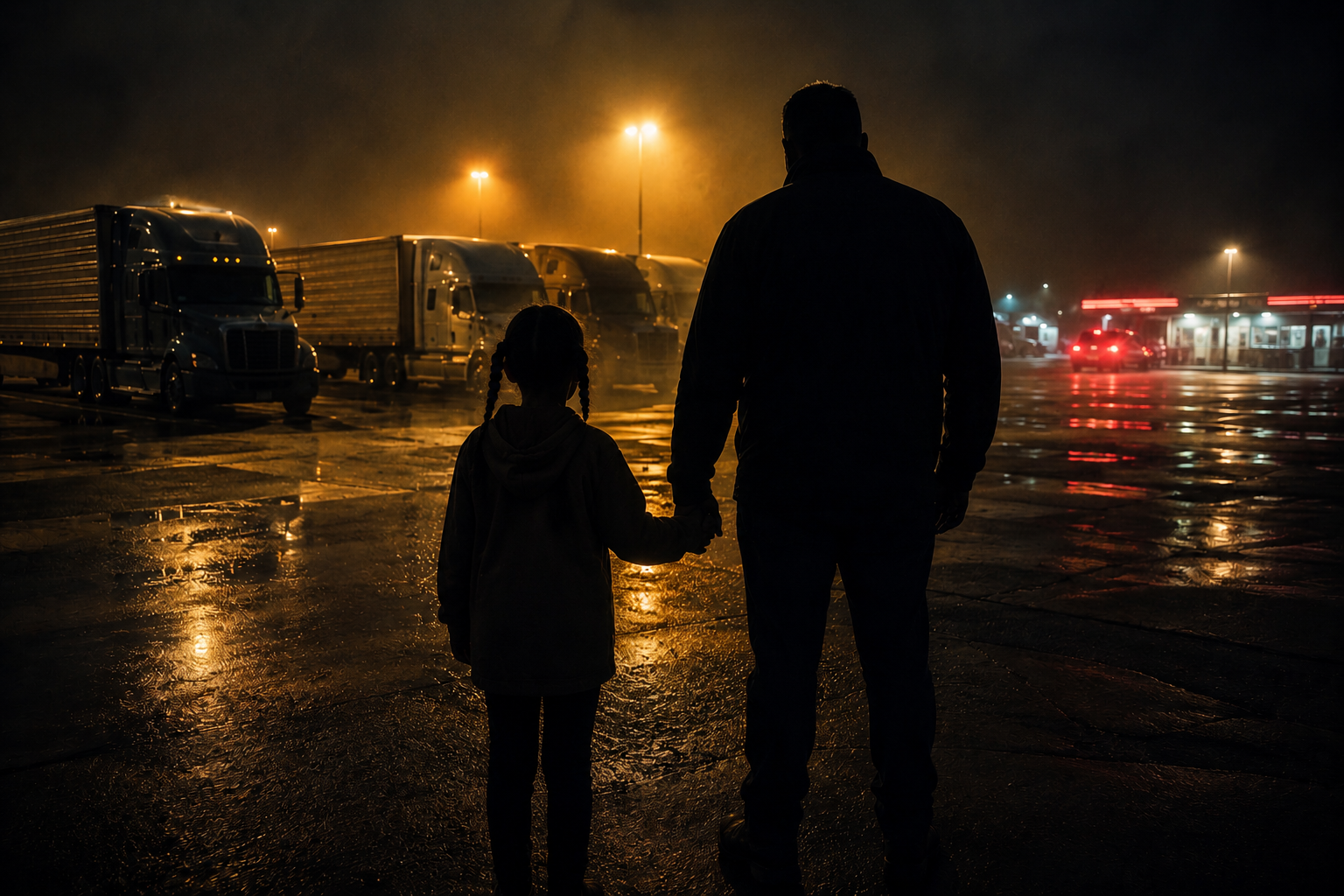 Foto jornalística conceitual noturna mostrando a silhueta anônima de costas de uma menina com tranças no cabelo de mãos dadas com um homem adulto, em um pátio de posto de combustíveis úmido com carretas estacionadas ao fundo sob luzes amareladas.