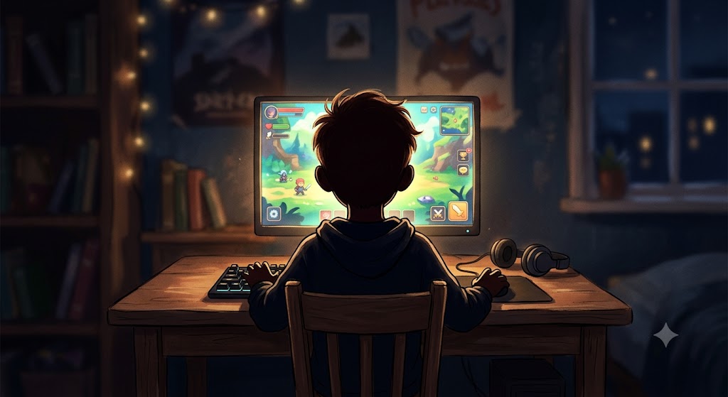 Silhueta de uma criança de costas diante da tela de um computador em um quarto escuro, ilustrando os perigos digitais.