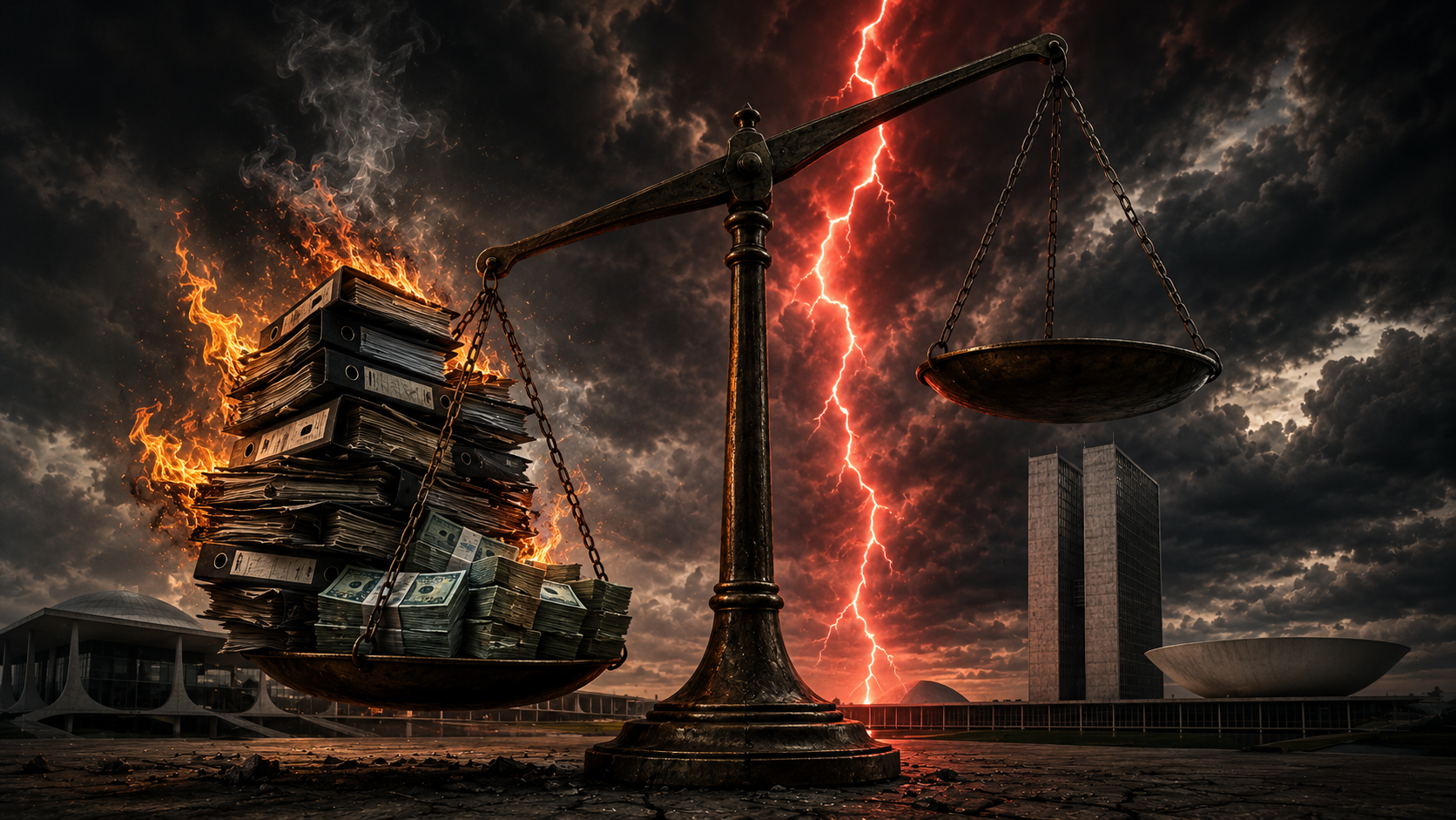 Ilustração conceitual e dramática em formato panorâmico mostrando os edifícios do Palácio do Planalto e do Congresso Nacional envoltos em uma tempestade de notas de dinheiro rasgadas e gráficos de linhas vermelhas em queda.