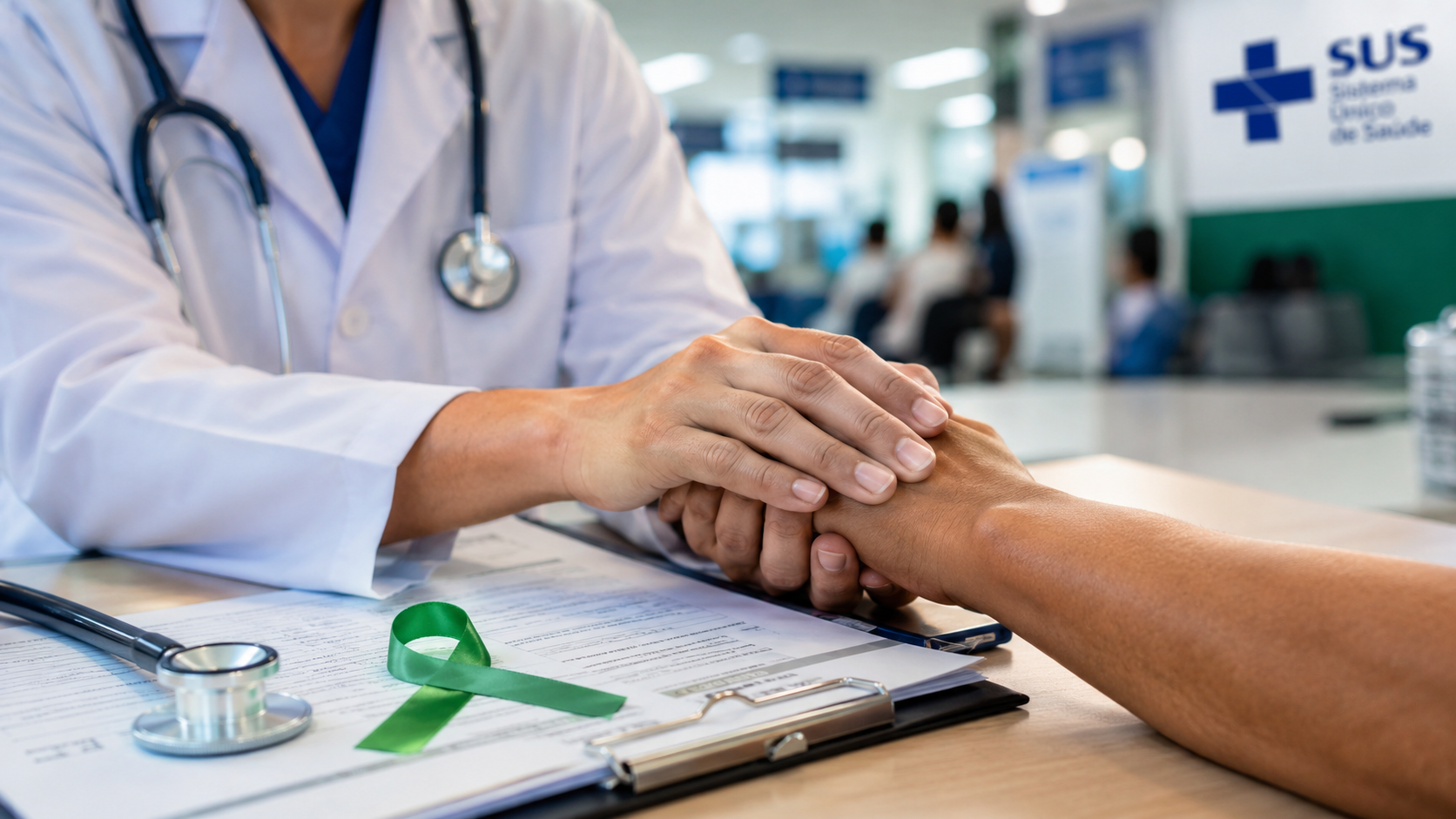 Médico de jaleco segura a mão de um paciente em atendimento humanizado no SUS, simbolizando a nova lei de dor crônica.