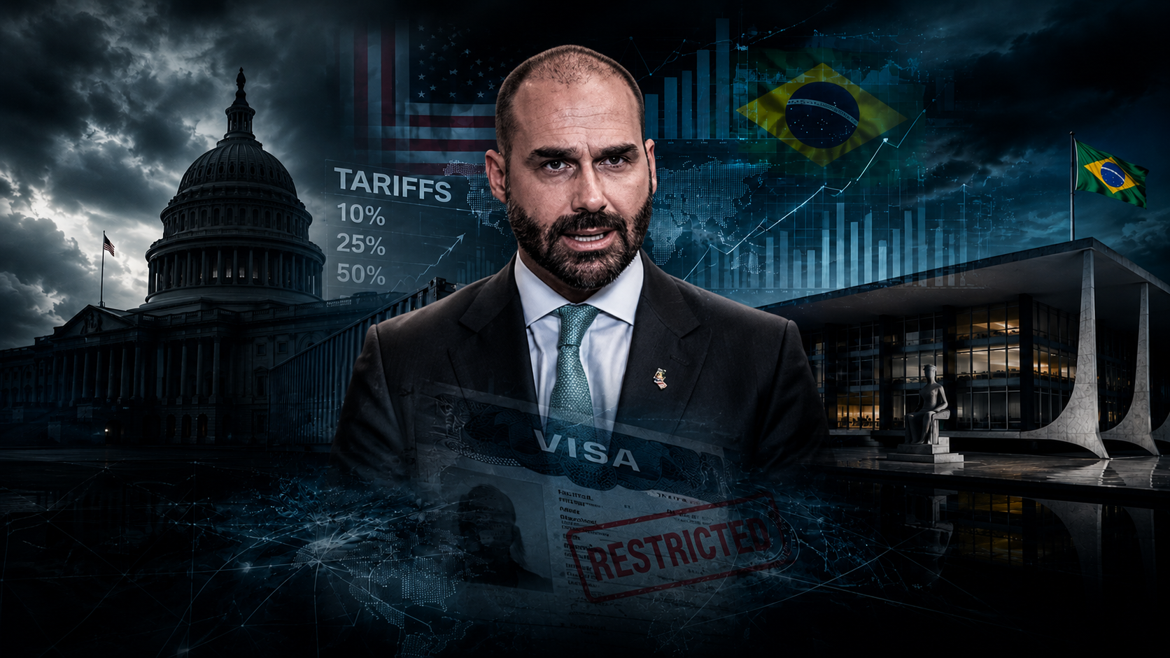 Aqui estão os atributos de SEO e os metadados de imagem totalmente atualizados para o sistema (CMS) do portal, agora que a arte final integra a figura do ex-deputado no centro da composição: Atributos da Imagem de Destaque (Metadados) Texto Alternativo (Alt Text): Ilustração conceitual em formato 16:9 mostrando o ex-deputado Eduardo Bolsonaro em primeiro plano no centro, com o Capitólio dos Estados Unidos à esquerda, o prédio do Supremo Tribunal Federal do Brasil à direita e elementos visuais de vistos com restrição e tarifas alfandegárias ao fundo.