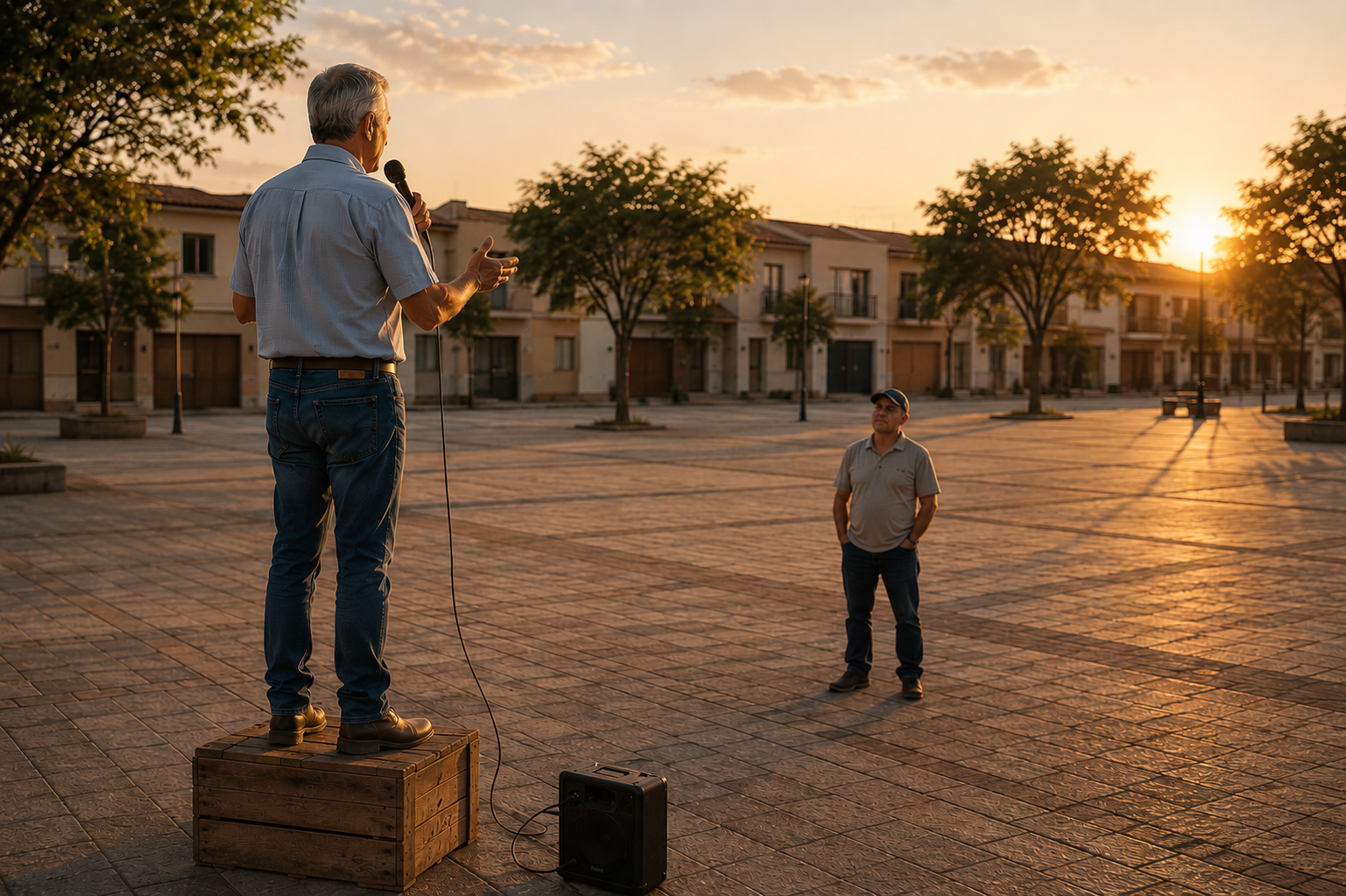 homem falando para a praça quase vazia, ilustrando a estória de Zé Vicente