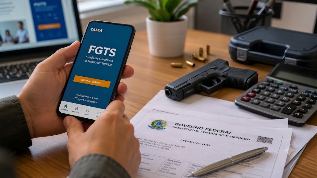 Smartphone exibindo aplicativo do FGTS sobre mesa com documentos oficiais, representando o projeto de lei para compra de armas.