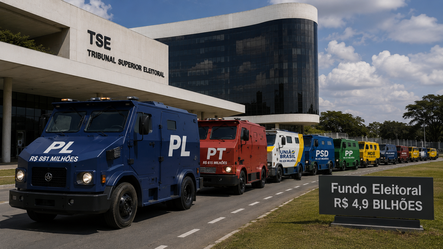 Fila de carros-fortes identificados com siglas partidárias deixa o Tribunal Superior Eleitoral, simbolizando a distribuição dos recursos do Fundo Eleitoral para as eleições de 2026.