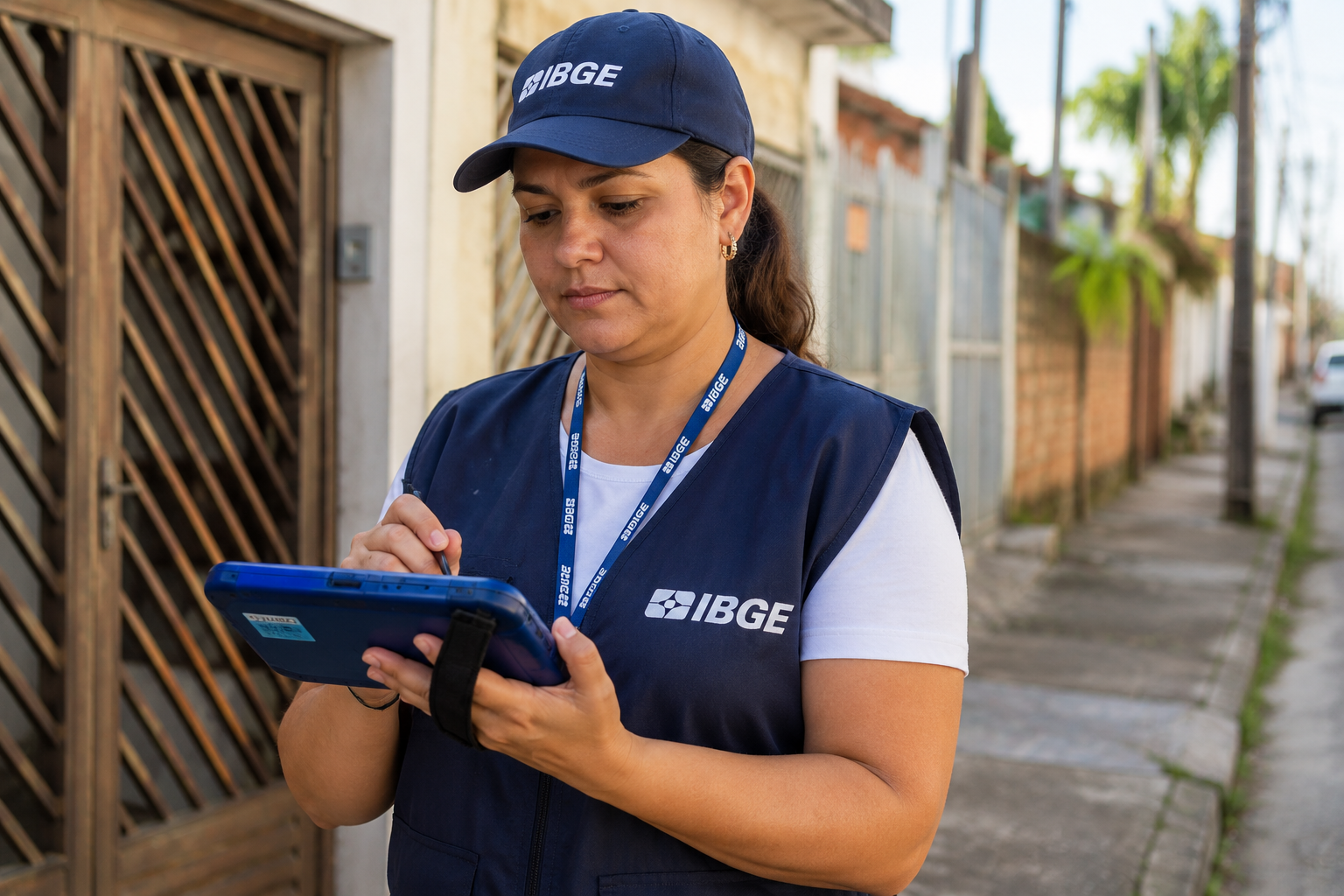 recenseador com o colete oficial azul do IBGE segurando um dispositivo de coleta de dados.
