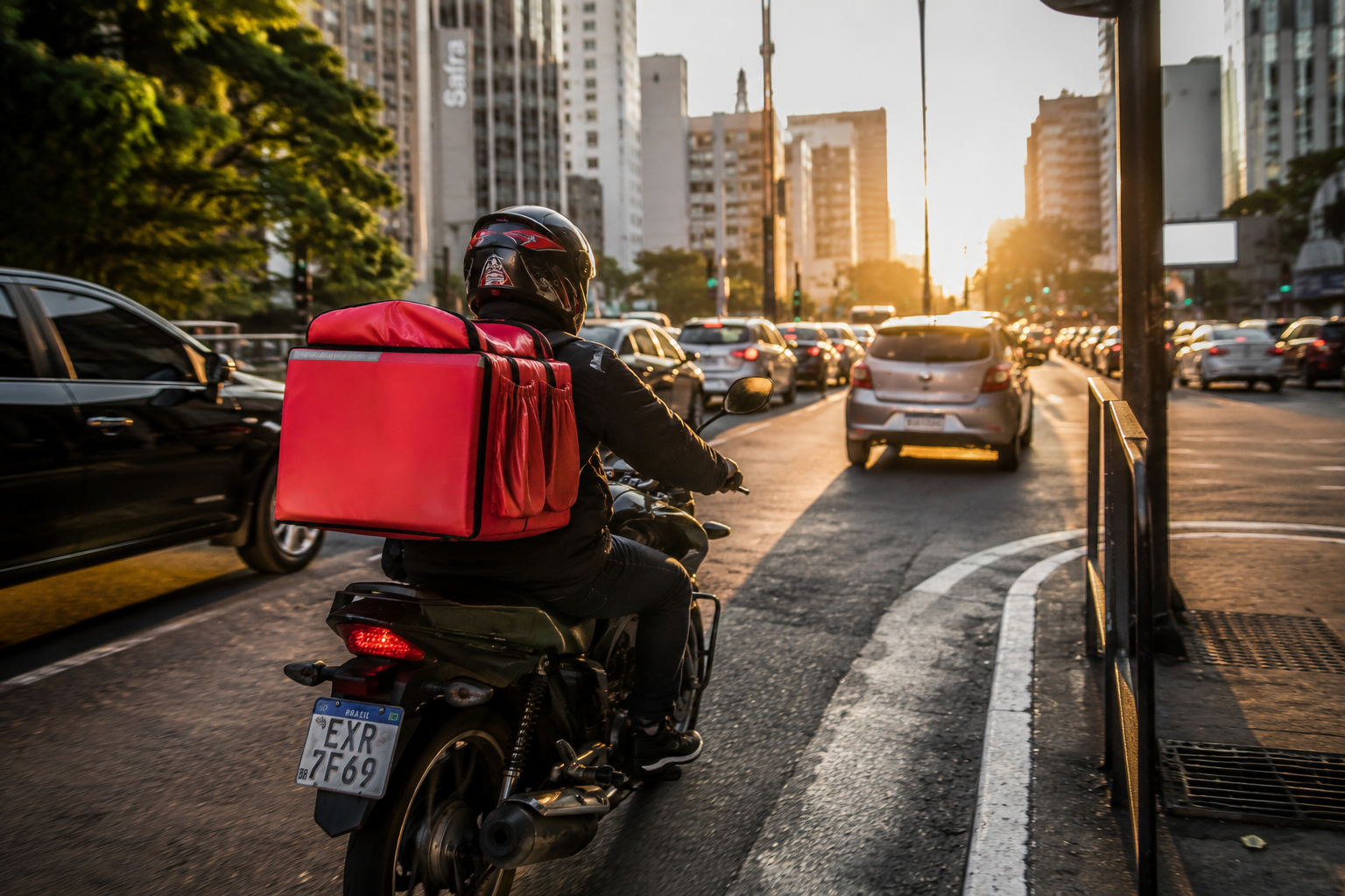 Entregador de aplicativo usando capacete e mochila térmica nas costas, pilotando uma motocicleta por uma avenida movimentada durante o entardecer.