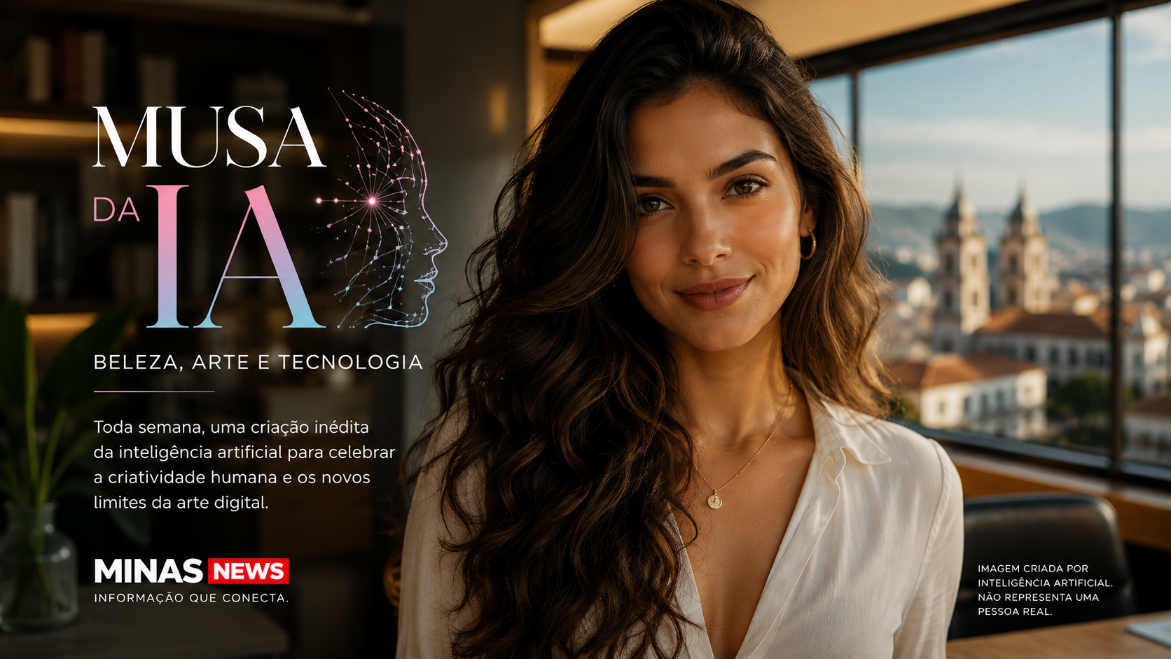 Retrato hiper-realista da primeira Musa da IA do Minas News, mostrando uma mulher sorrindo com cabelos longos e fundo de cidade histórica mineira.