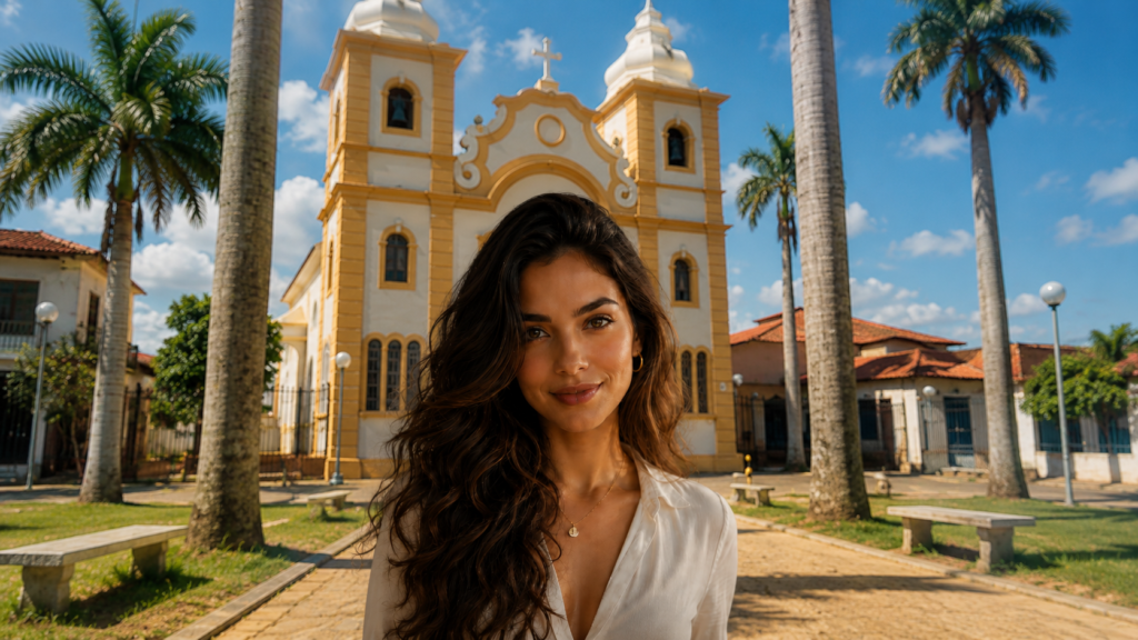 Retrato hiper-realista da Musa da IA do Minas News, mostrando uma mulher sorrindo em primeiro plano com a Igreja Matriz de Montes Claros e palmeiras ao fundo, sob um céu azul ensolarado.