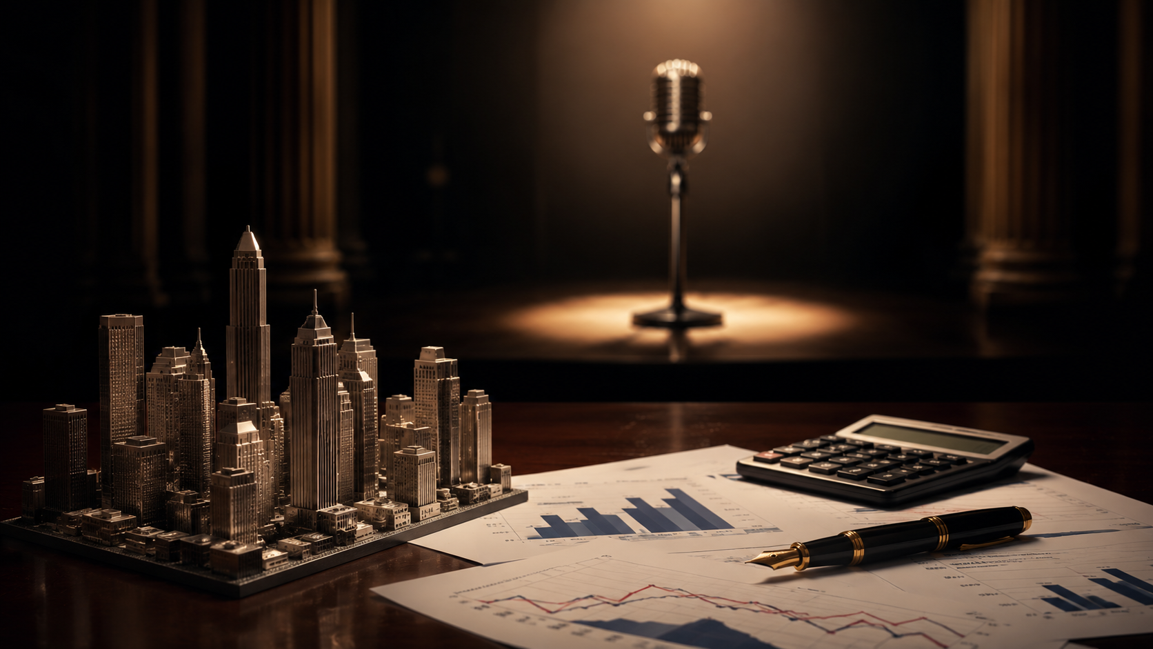 Fotografia editorial com foco em maquete urbana e gráficos sobre mesa escura com microfone sob holofote desfocado ao fundo.