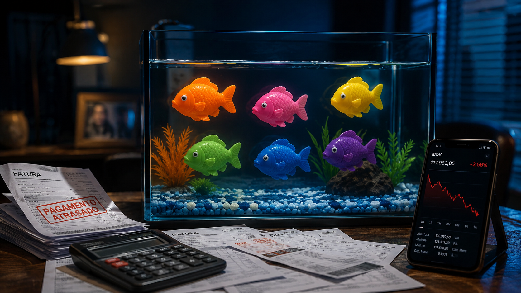 Ilustração conceitual de um aquário com peixes de plástico estáticos ao lado de boletos atrasados e uma calculadora, simbolizando a bolha virtual versus a realidade econômica.