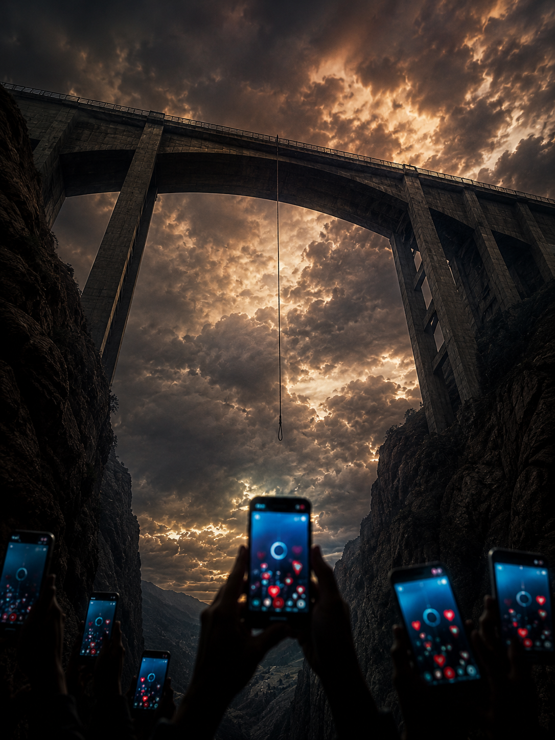 Ilustração conceitual mostrando uma ponte monumental sobre um desfiladeiro com uma corda de salto vazia pendurada no ar, sob um céu de tempestade iluminado pelo pôr do sol, enquanto várias mãos em primeiro plano erguem celulares brilhando com ícones de redes sociais.