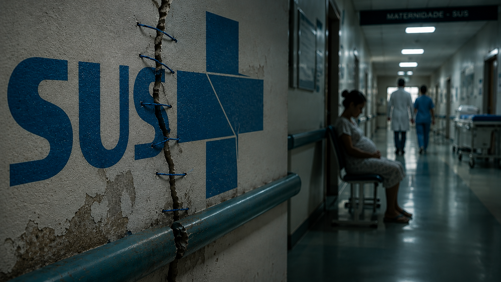 Em um corredor de maternidade, uma grande rachadura atravessa a palavra SUS pintada na parede. A fissura foi simbolicamente fechada por pontos de sutura, remetendo à luta diária de hospitais públicos para sobreviver com recursos insuficientes. Ao fundo, uma gestante aguarda atendimento enquanto profissionais de saúde caminham pelo corredor, reforçando a relação entre a fragilidade financeira do sistema e a demanda crescente por assistência médica.