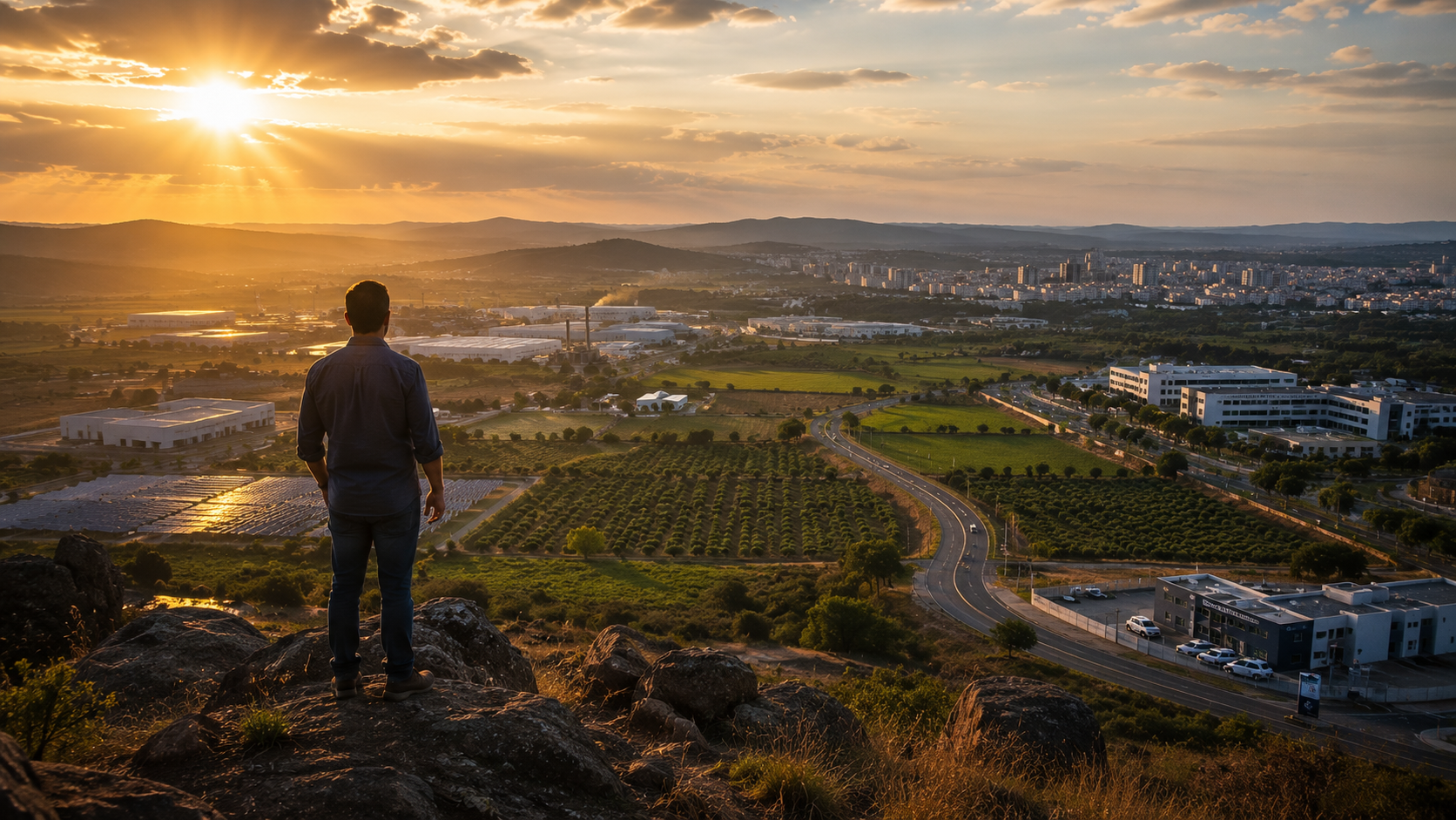 Vista panorâmica do Norte de Minas com áreas produtivas, energia solar, indústria, educação e infraestrutura simbolizando desenvolvimento regional.