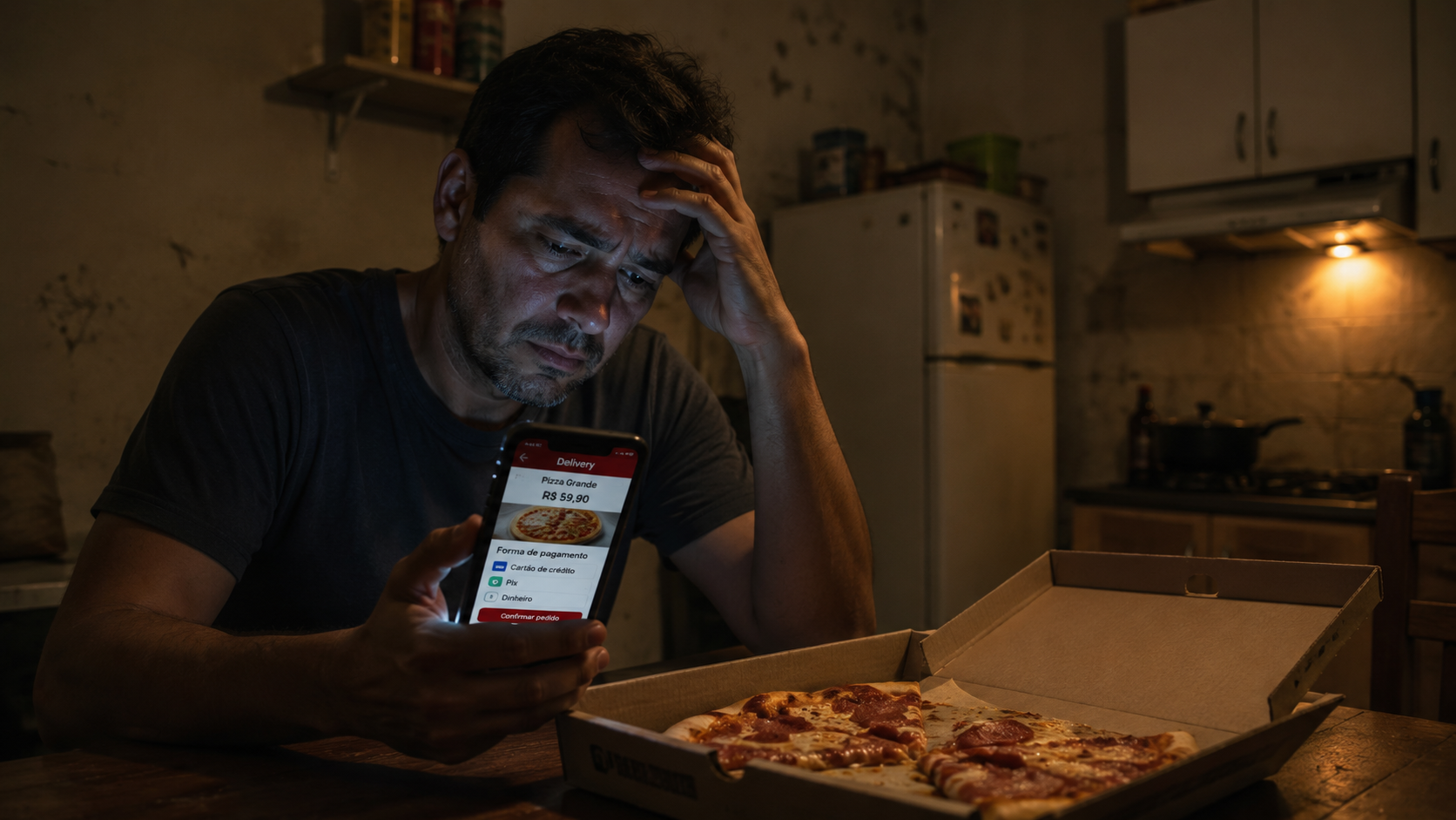 Homem com expressão preocupada olhando para celular com aplicativo de delivery aberto ao lado de uma caixa de pizza em cozinha simples.