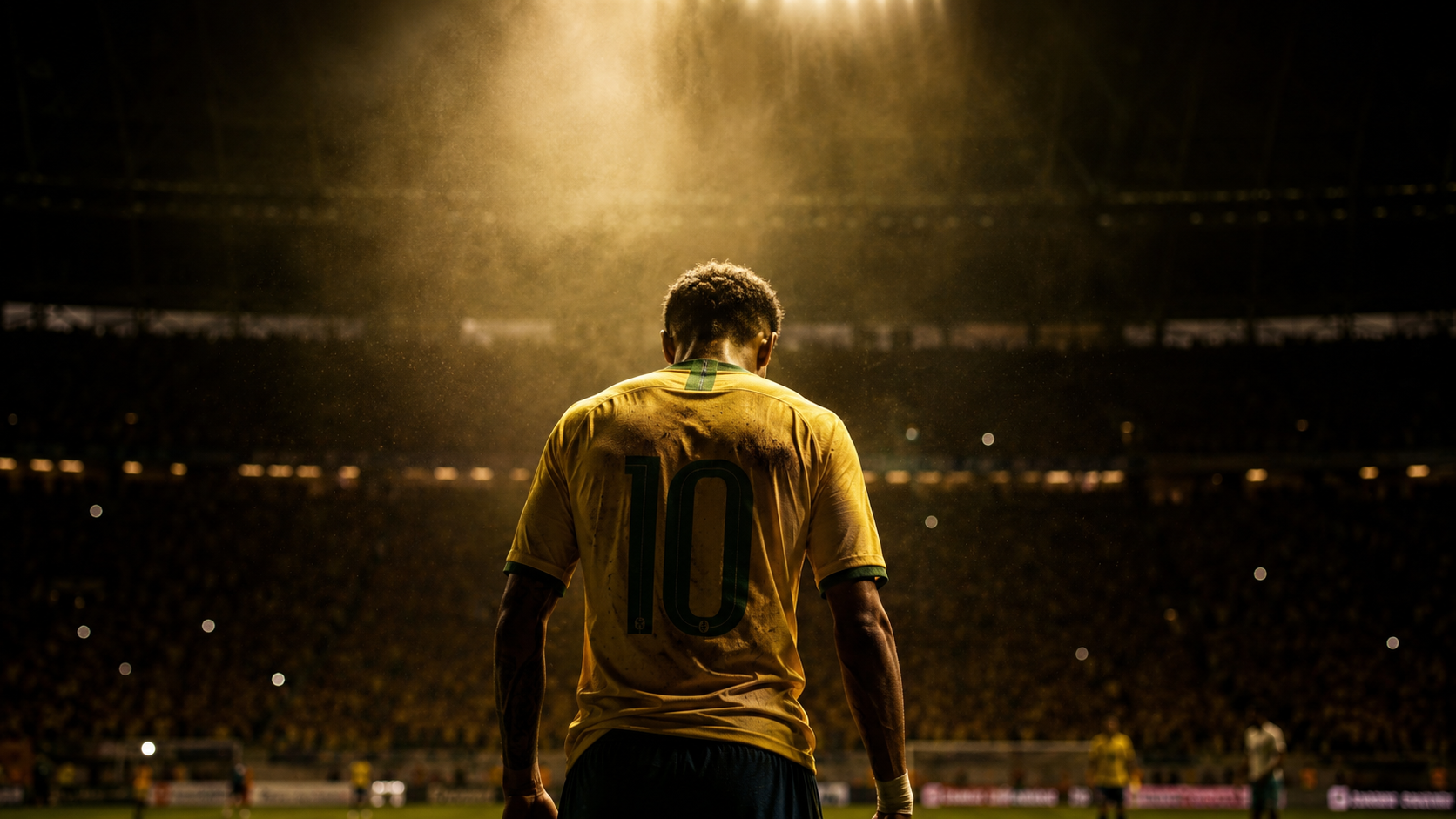 Jogador de futebol da seleção brasileira sozinho em estádio, simbolizando a crítica a Neymar