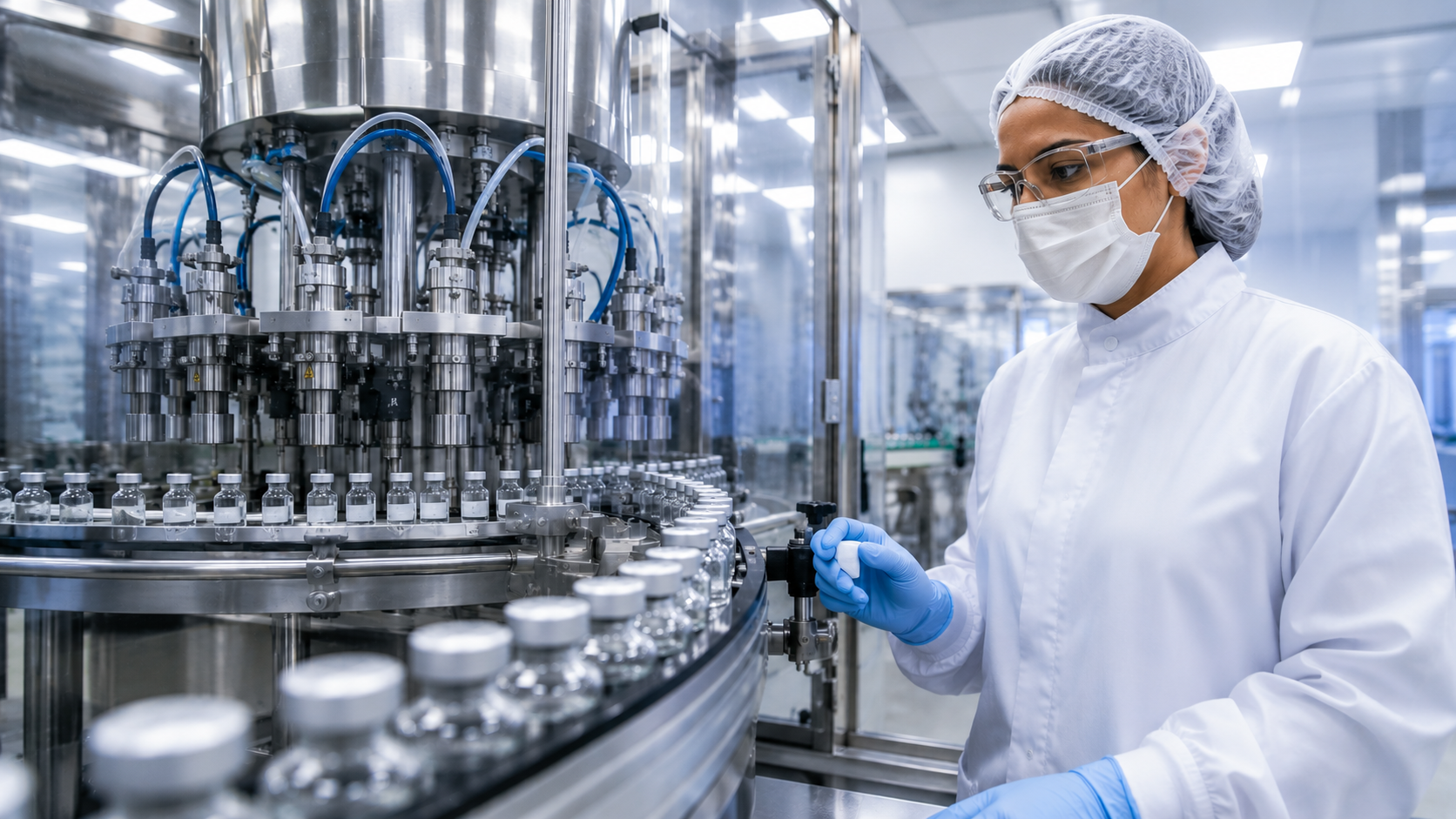 Engenheira trabalhando em linha de produção automatizada no polo farmacêutico de Montes Claros.