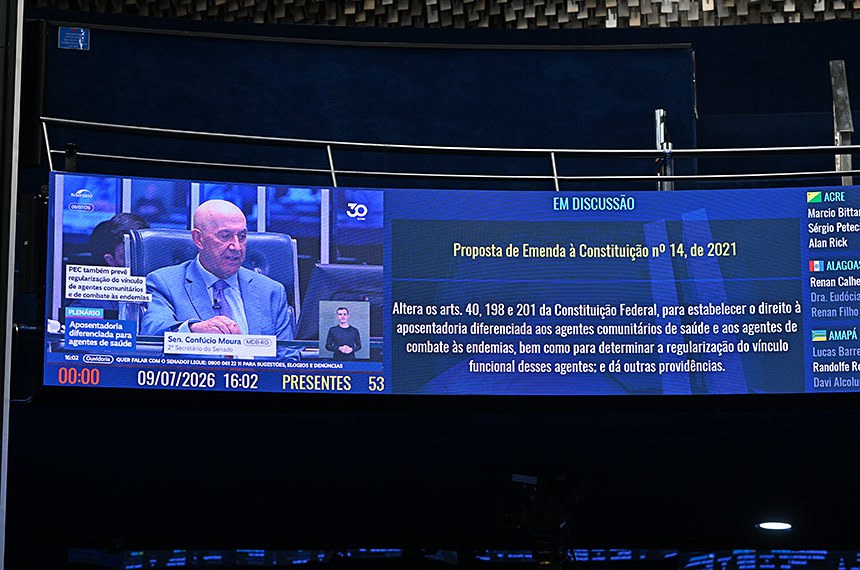 Painel eletrônico de votação no Plenário do Senado Federal exibindo o andamento de propostas legislativas e a contagem de votos dos senadores.