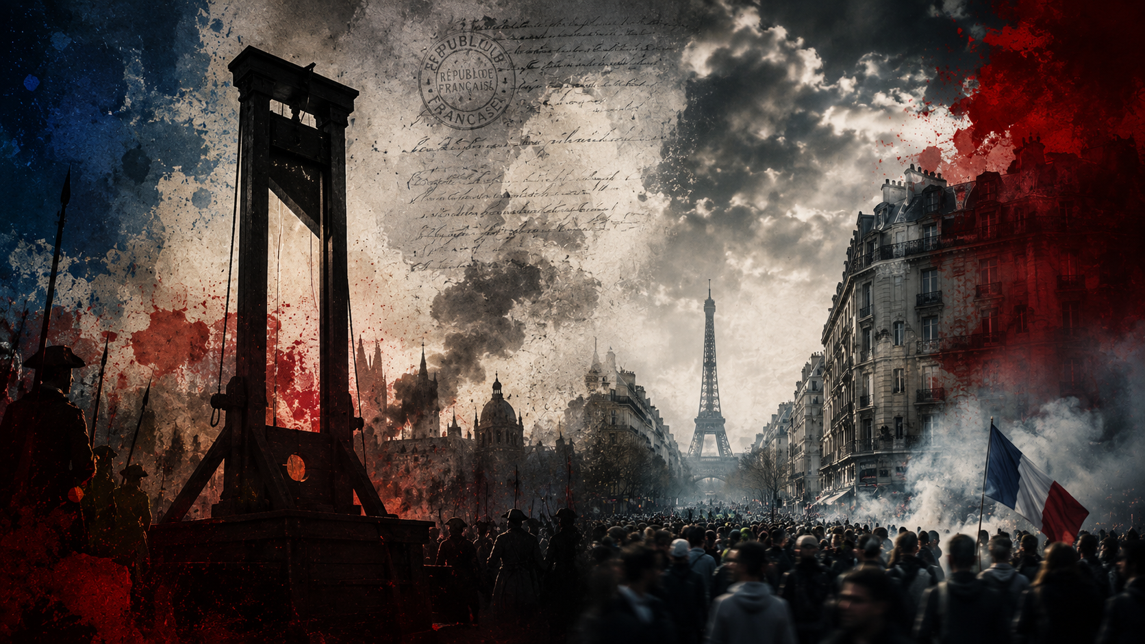 Ilustração conceitual mostrando a guilhotina do período do terror jacobino contrastada com as tensões sociais na França contemporânea.