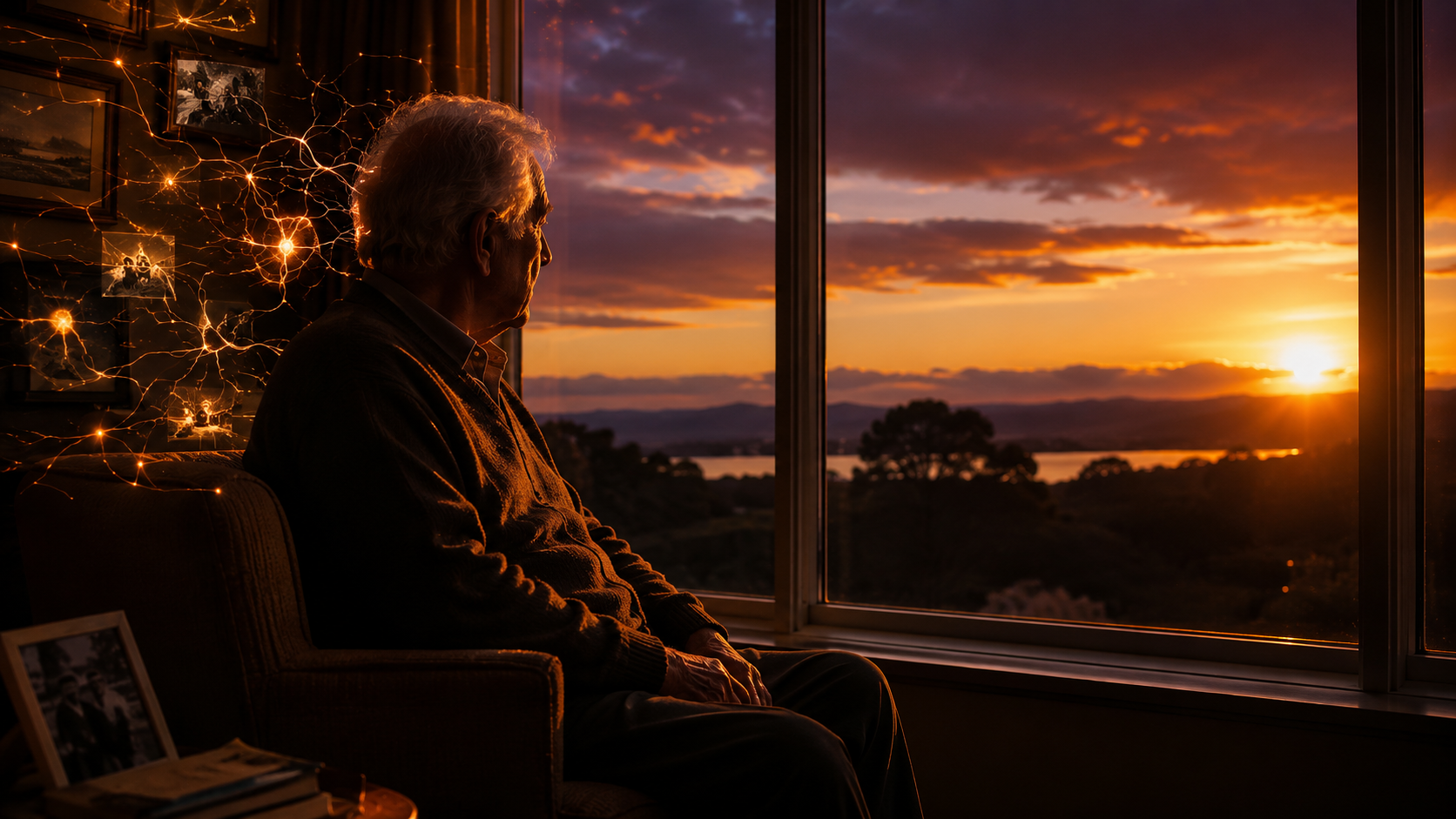 Silhueta de homem idoso sentado em poltrona diante de grande janela contemplando o pôr do sol, com redes neurais e memórias iluminadas ao fundo.
