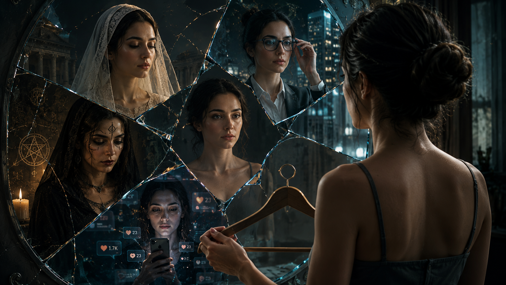 Ilustração artística conceitual de uma mulher diante de espelhos fragmentados que refletem diferentes identidades e símbolos espirituais.