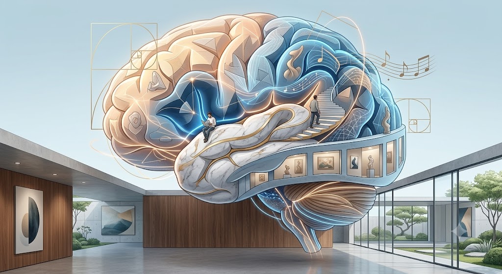 Ilustração conceitual de neuroestética mostrando a mente humana integrada a redes neurais luminosas e formas geométricas e artísticas equilibradas.