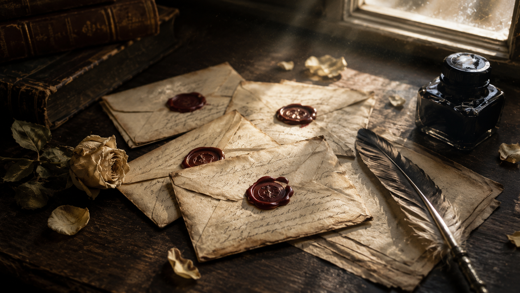 Ilustração artística e poética mostrando cartas seladas com cera vermelha ao lado de uma pena e flores murchas sob iluminação suave.