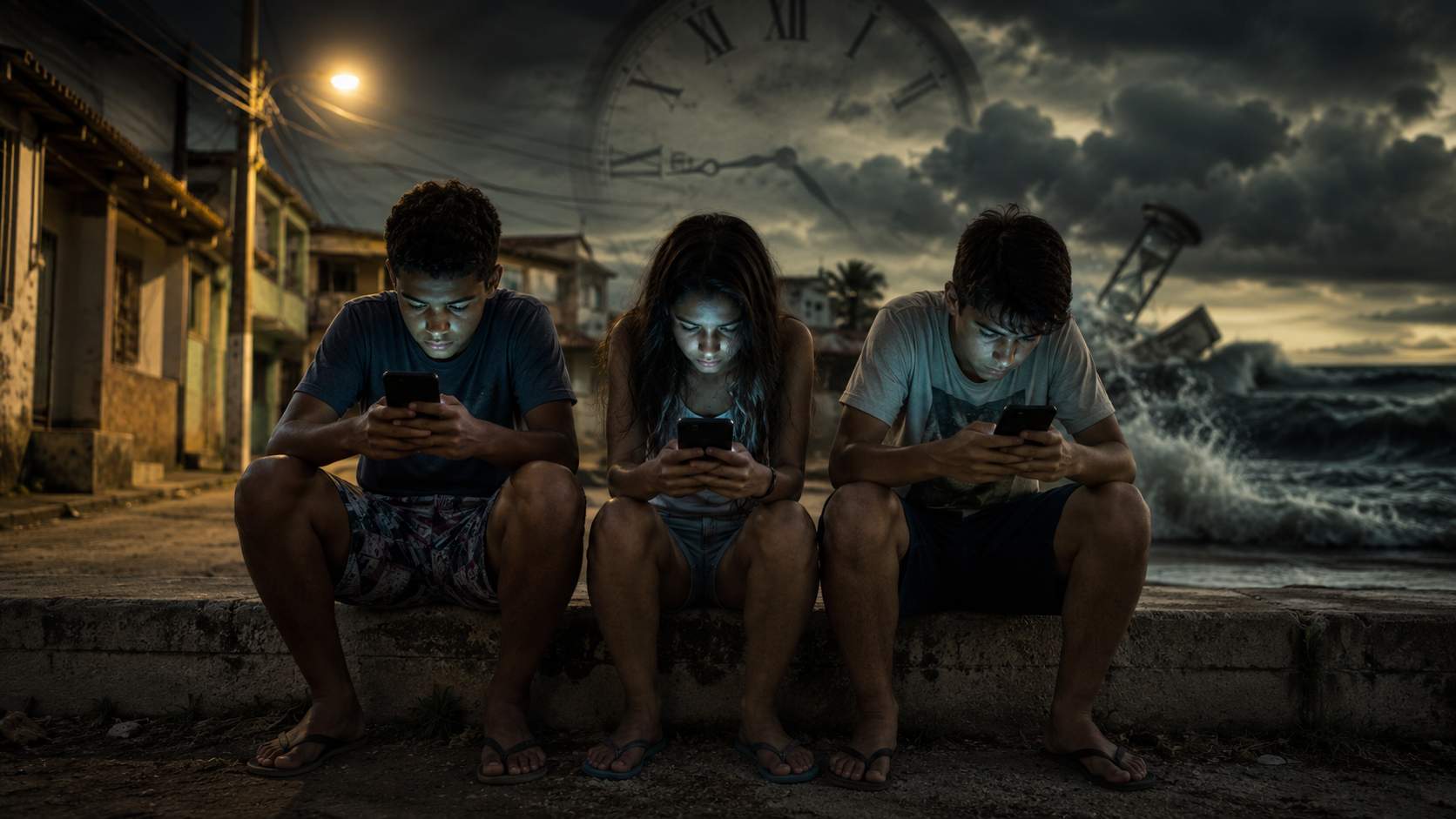Três jovens adolescentes sentados no meio-fio de rua urbana olhando para telas de celular, com iluminação de final de tarde.