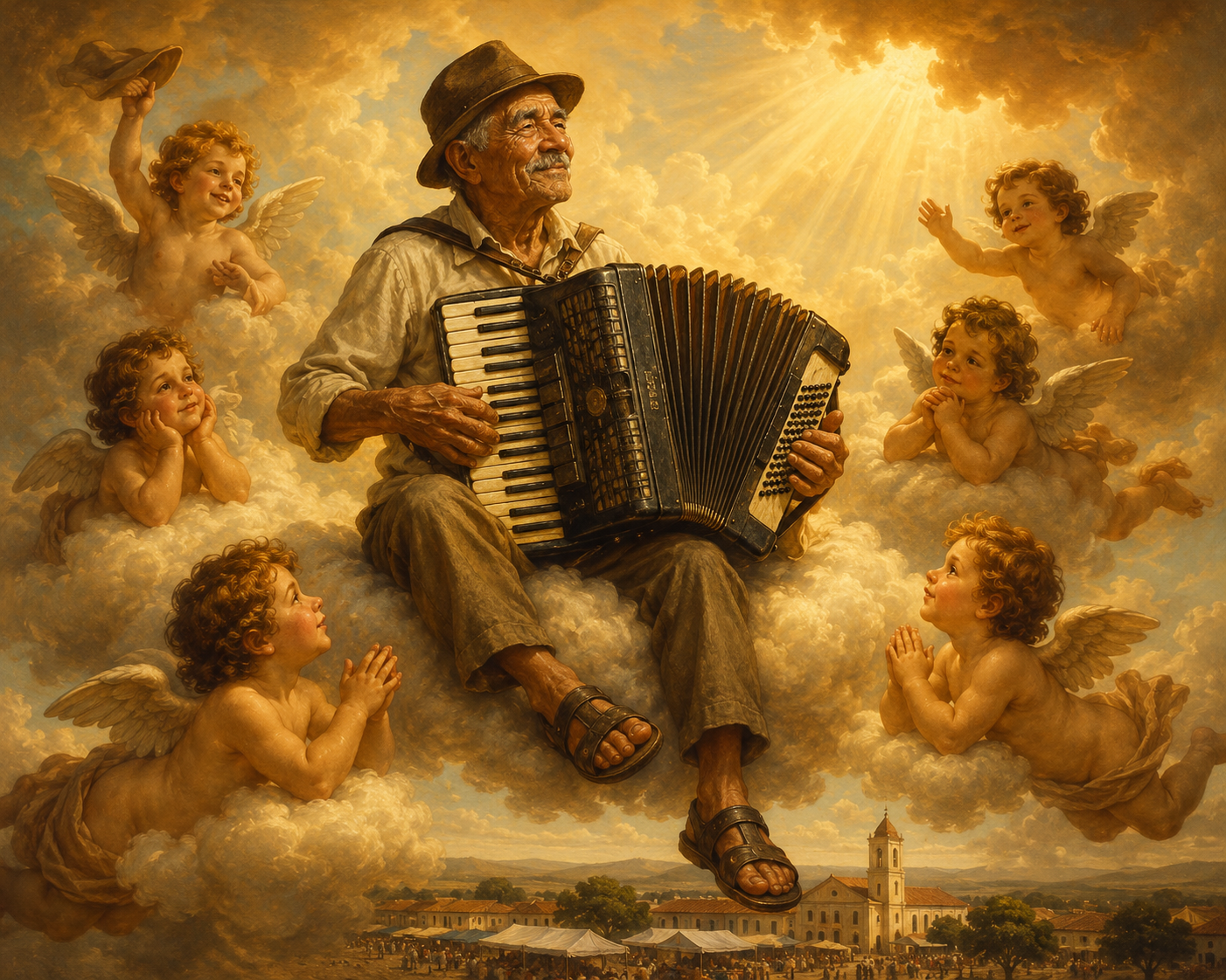 Representação artística do sanfoneiro Chico Gomes tocando acordeom entre nuvens, cercado por anjos barrocos em homenagem ao seu legado.